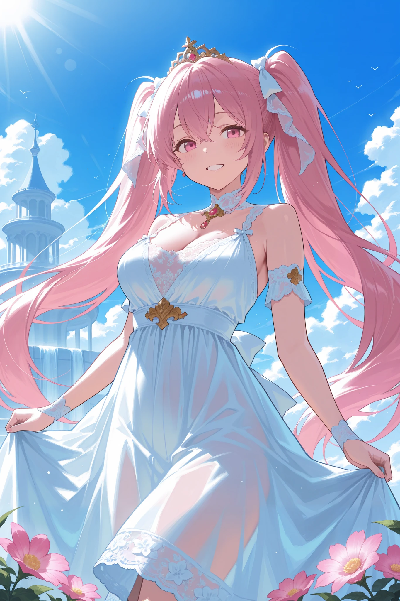 (8K, masutepiece, Highest Quality, Best Quality, Official art, Breathtaking beauty and aesthetics, A highly detailed, The best masterpiece in history that exceeds limits, Breathtaking and beautiful lighting:1.2), (1 Absolute Beautiful Girl, Solo:1.3), sixteen years old, (shiny white skin), (pink twin tail hair, Bangs:1.5), (adolable big pink eyes, drooing eyes:1.5), (Breathtaking Beautiful baiana dress, ruffled dress, blue lace trim, Cutwork, blue frilled neckline, flared skirt, blue and white dress, layered dress, puffed_sleeves), (bust:1.2), (happy smile, Beautiful smile, Gentle smile, cute smile, innocent smile like an angel:1.2), (Attractive, amazing, Beautiful, Elegant, Luxurious, magnifica, Eye-catching, the ultimate beauty, Supreme Beauty, Superlative beauty, Elegant, Beauty, Graceful, Everyone loves it, Beauty that fascinates everyone, Healed, The highest level of complete beauty, cute like an idol, Stylish like a fashion model, Goddess-like grace, Be loved, cute little, adolable, Look at the camera, cute little pose, Happy), breathtaking scenery, (standing, Breathtakingly beautiful Luxurious spring garden, blue sky:1.5),