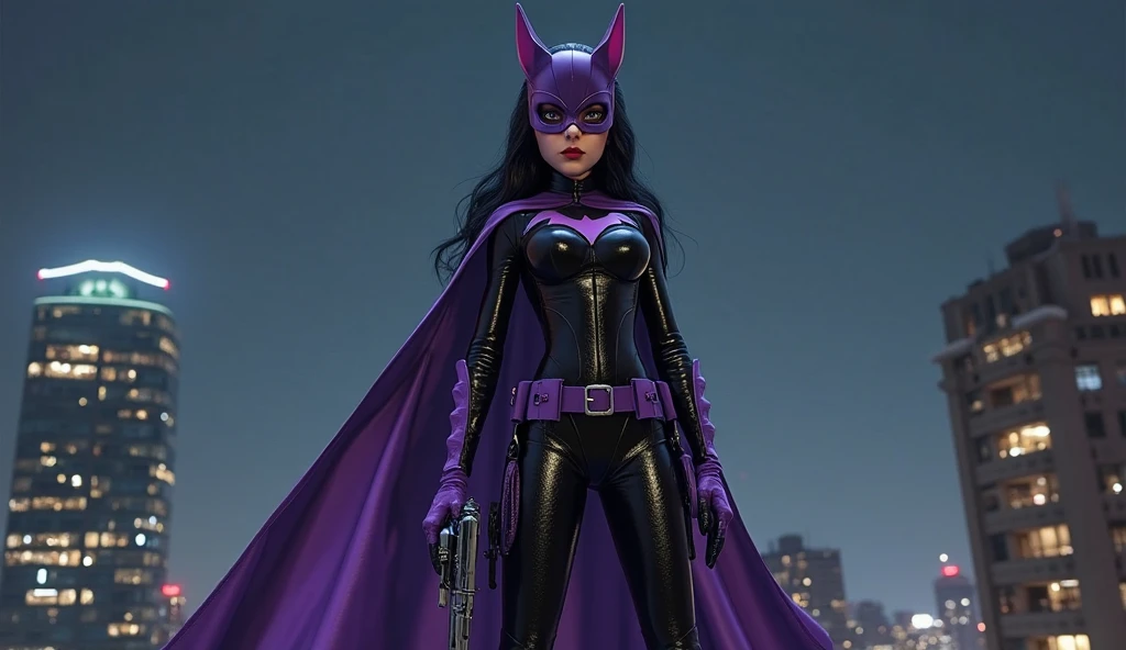 full body, 1 Woman in black suit with white pants, dressed as a ((maid/Ninja/Batman/Spiderman)), XL bust size, staring at the viewer, holding a katana attached to a chain, she has short purple hair and blue eyes, is in an alley dark with bandits in the background, grimace, Unreal Engine 5, Mortal Kombat, anime, Action painting, Suprematism, anatomically correct, 16k, masterpiece, best quality, high details, UHD, ccurate