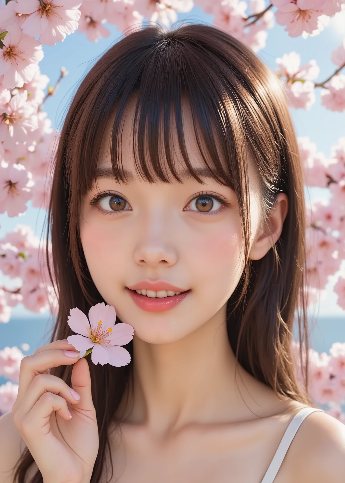 Japanese girl、18 year old girl、Girl biting a cherry blossom petal with her front teeth、to her forehead、cute face、Hair with bangs、Beautiful Skin、real、The background is covered with light-colored cherry blossoms