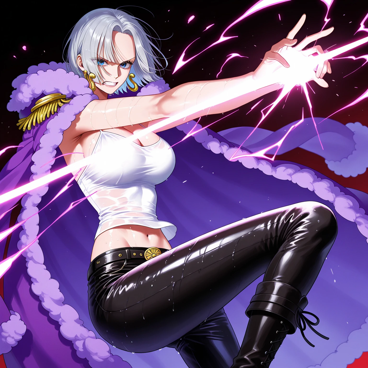 出自世界著名漫画ONE PIECE IP, 超酷的角色（Nami） woman, black clothes, the snake wrapped around him, silver snake blue eyes,（References snake tribe youth）black background, exaggerated perspective, long lens, thrilling moment, light and dark contrast, realistic, ultra-fine, mixer, pov shot, sparkling lights, epic scene, （Eiichiro Oda  style）8k --niji 5 --style expressive