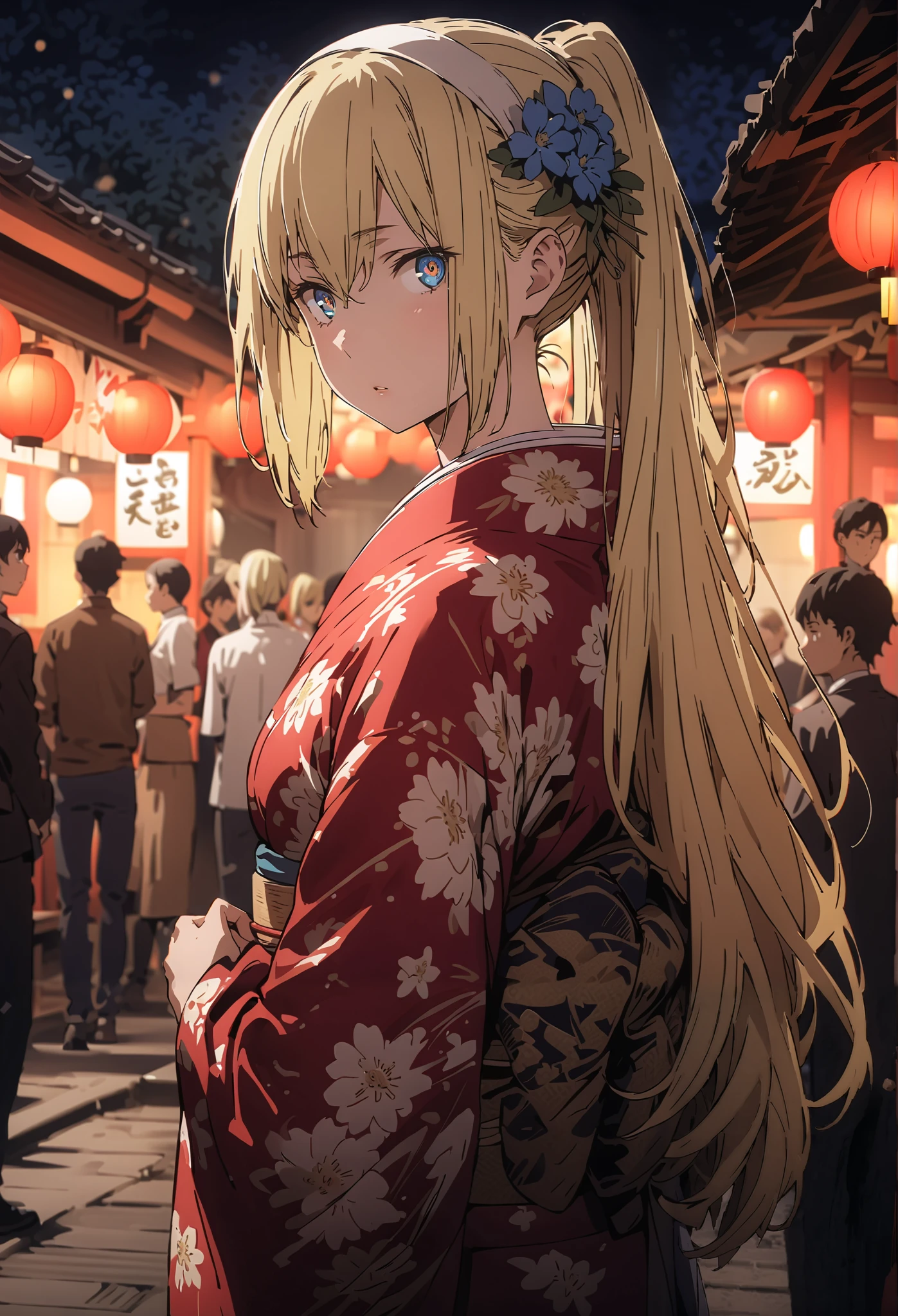 Eyes Wallenstein, Eyes Wallenstein,blond hair between eyes, white hair band, , and the eyes are, ponytail,flower hair ornament,Blue flower pattern kimono,standing,Light up fireworks,Red Lantern,Japanese stalls ,full bodyがillustrationsに入るように,break outdoors,Japanese festival,
break looking at viewer,full body,
break (masterpiece:1.2), best quality, high definition, Unity 8k 壁紙, (illustrations:0.8), (beautiful detailed eyes:1.6), Highly Detailed Face, so that it fits into the illustration, extremely detailed CG, (Perfect Hand, PERFECT ANATOMY),