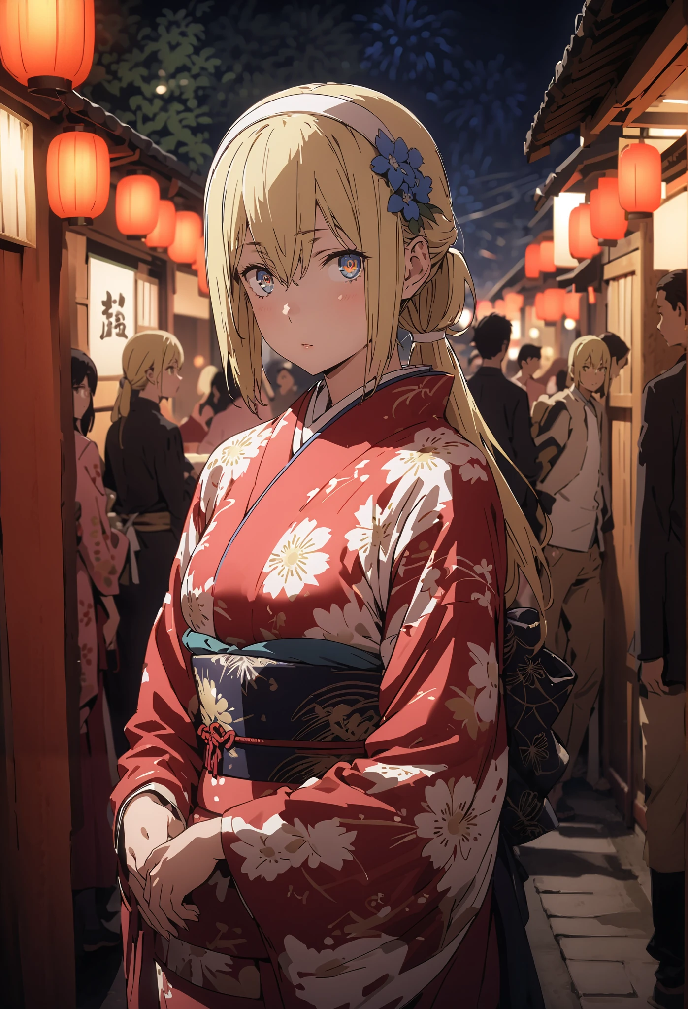 Eyes Wallenstein, Eyes Wallenstein,blond hair between eyes, white hair band, , and the eyes are, ponytail,flower hair ornament,Blue flower pattern kimono,standing,Light up fireworks,Red Lantern,Japanese stalls ,full bodyがillustrationsに入るように,break outdoors,Japanese festival,
break looking at viewer,full body,
break (masterpiece:1.2), best quality, high definition, Unity 8k 壁紙, (illustrations:0.8), (beautiful detailed eyes:1.6), Highly Detailed Face, so that it fits into the illustration, extremely detailed CG, (Perfect Hand, PERFECT ANATOMY),