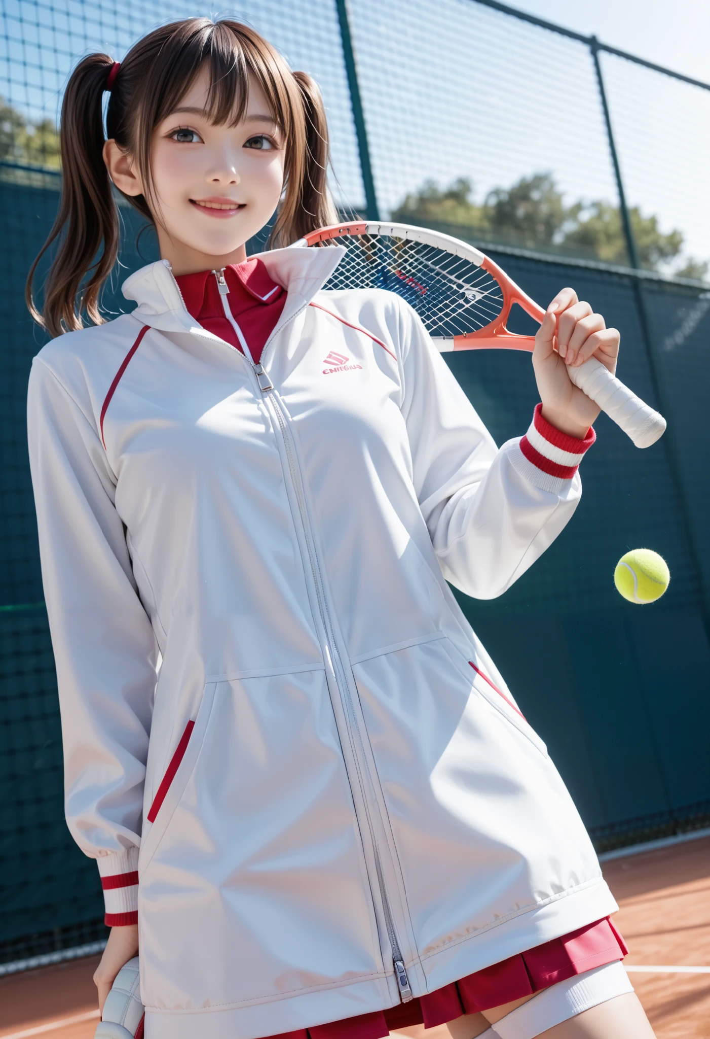An amazingly cute Japanese girl is hitting back a tennis ball with a tennis racket in tennis wear at school club activities 、 (wearing Japanese tennis wear on the school tennis court), (純白色のundercoat that stands out locally)、 、 Gravure idol with realistic young face , young slim and amazingly cute gravure idol , (twin tails) 、 Beautiful skin、 oily skin 、 (( Low Angle Shot))、 sports boots、 realistic atmosphere， cute girl，Young Face，baby face， cute 、 Beautiful breasts with shapes that are too cute、 Too cute、 middle school student、(smile)、　(A glimpse、undercoat that stands out locally)、