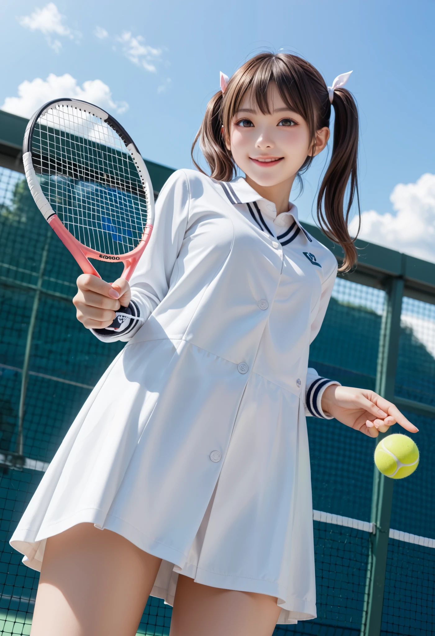 An amazingly cute Japanese girl is hitting back a tennis ball with a tennis racket in tennis wear at school club activities 、 (wearing Japanese tennis wear on the school tennis court), (純白色のundercoat that stands out locally)、 、 Gravure idol with realistic young face , young slim and amazingly cute gravure idol , (twin tails) 、 Beautiful skin、 oily skin 、 (( Low Angle Shot))、 sports boots、 realistic atmosphere, cute girl,Young Face,baby face, cute 、 Beautiful breasts with shapes that are too cute、 Too cute、 middle school student、(smile)、 (A glimpse、undercoat that stands out locally)、
