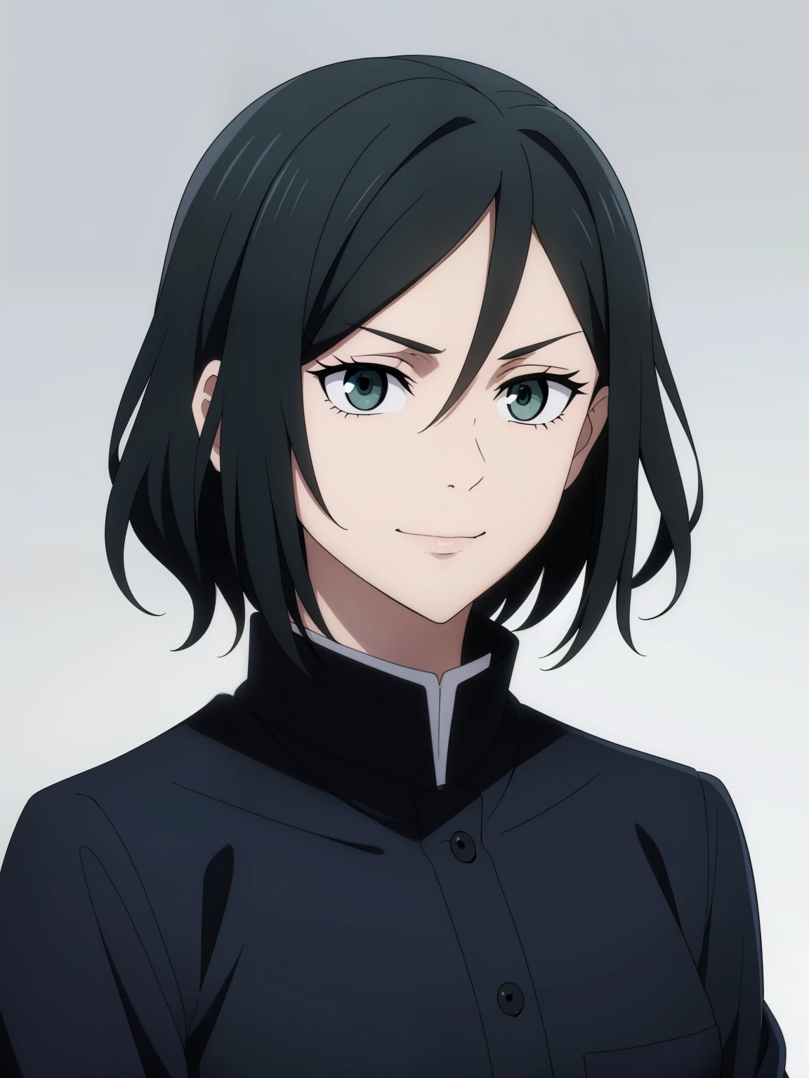 (high-quality, breathtaking),(expressive eyes, perfect face) 1girl, female, solo, ager, black hair, bright meadow green eye color, medium hair length, looking at viewer, half body, bright smile, kind face, cheerful expression, slightly tanned skin, dark black blue long sleeved shirt, collared shirt, dark black blue pants, jujutsu kaisen uniform, jujutsu high school uniform, flowy hair, feminine face, grey background, portrait, small sunflower, stylized hairstyle,