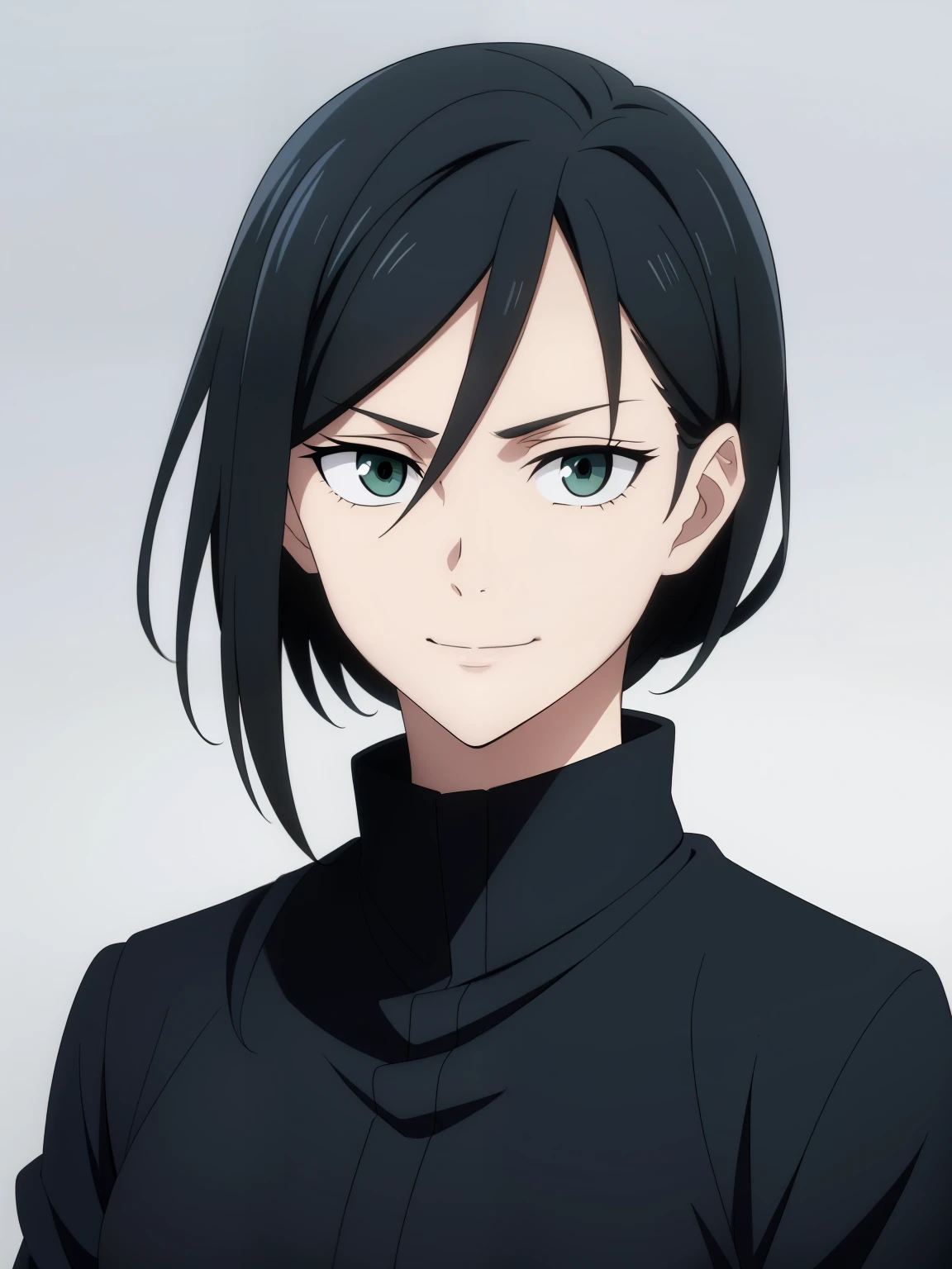 (high-quality, breathtaking),(expressive eyes, perfect face) 1girl, female, solo, ager, black hair, bright meadow green eye color, medium hair length, looking at viewer, half body, bright smile, kind face, cheerful expression, slightly tanned skin, dark black blue long sleeved shirt, collared shirt, dark black blue pants, jujutsu kaisen uniform, jujutsu high school uniform, flowy hair, feminine face, grey background, portrait, small sunflower, stylized hairstyle,