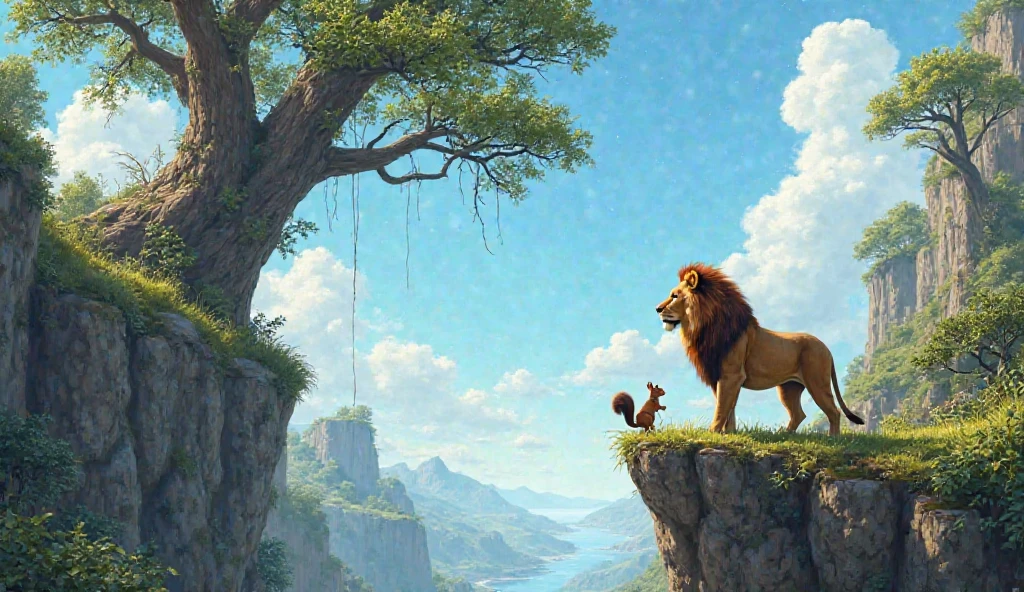 A dense forest is shown. The sun's rays are filtering through the trees. Birds are chirping and wild animals are busy in their work. There is a big stone in the middle of the jungle, on which the king of the jungle, the lion, is sitting comfortably.