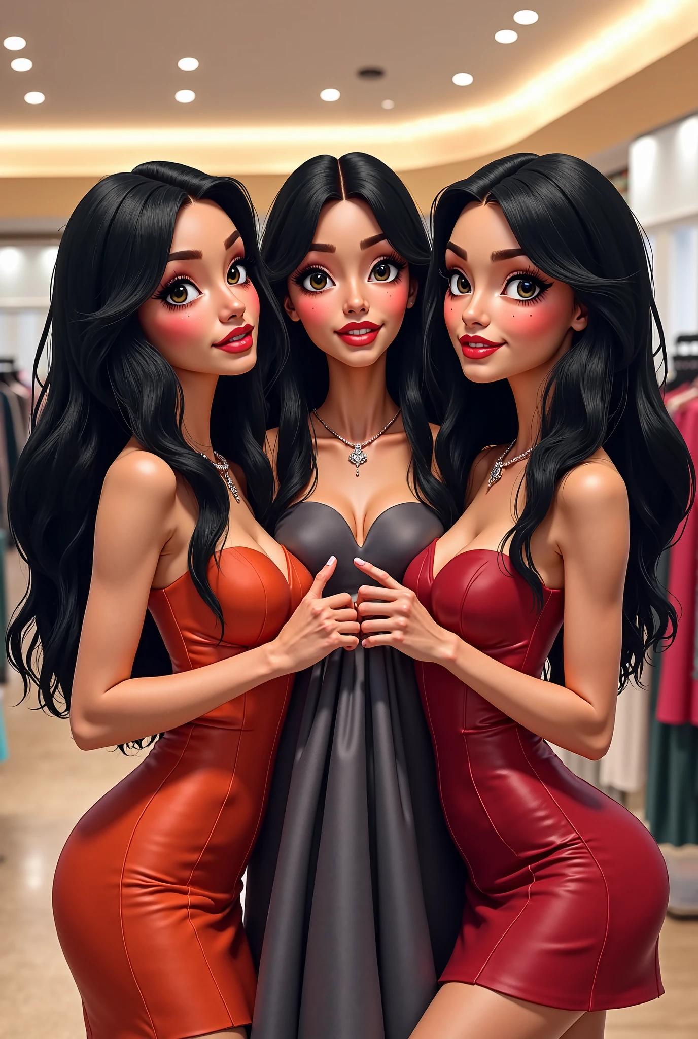 Three women, in colorful formal evening gowns posing in front of a window, selfie, large breasts, random hair styles, elegant makeup, tiara, white gloves, dainty, beautiful, perfect skin, 8k resolution, perfect lighting, perfect face, perfect shading, extreme detail, cocktail dress, shining, from above, group hug, taking selfie with smartphone:1.5