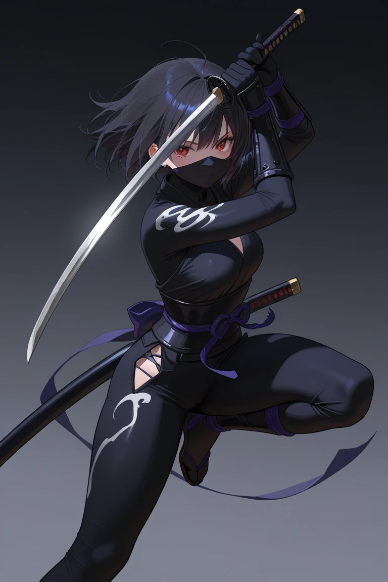 A woman wearing a ninja outfit, a black mask, and short hair, holding a sharp silver Japanese sword