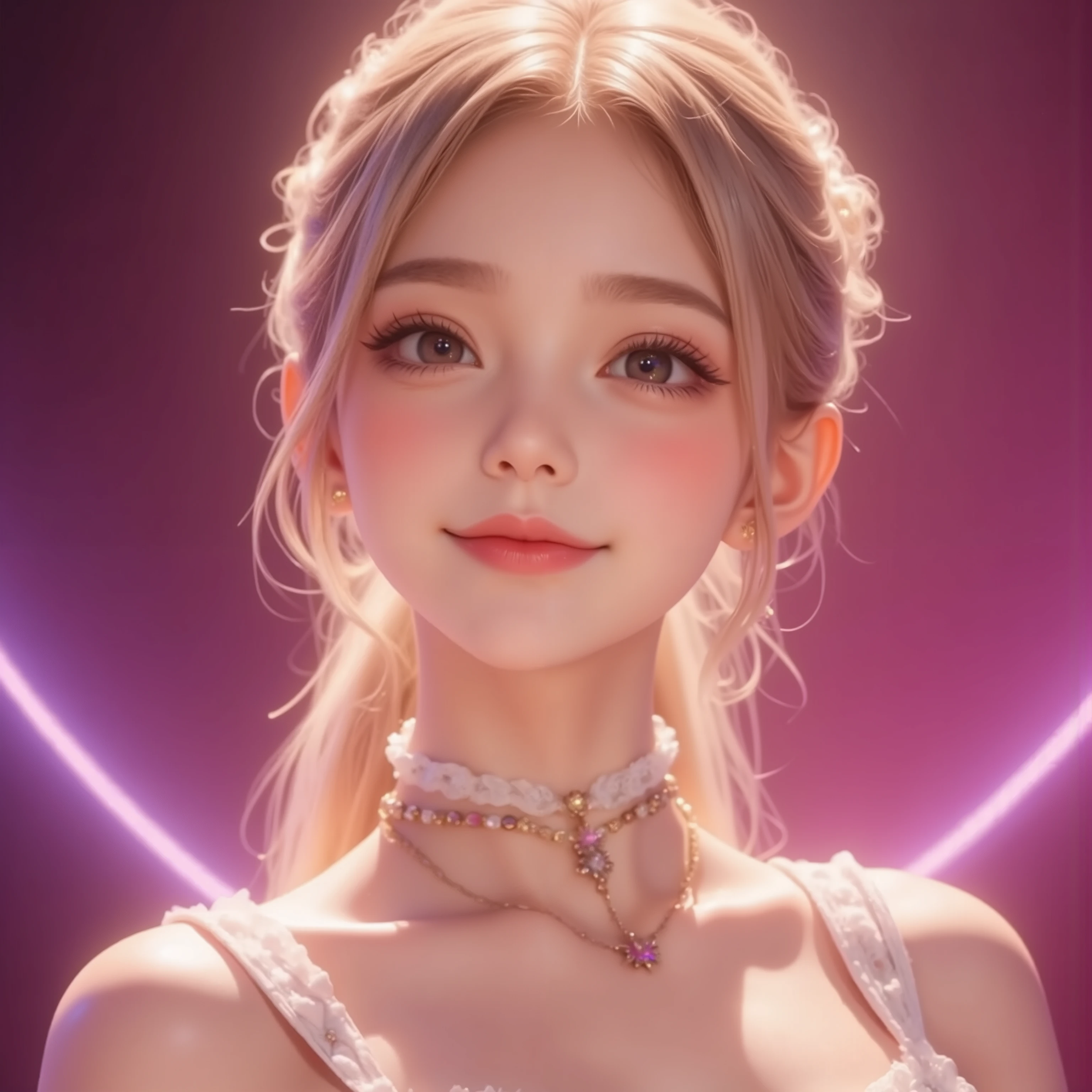 ((Bust,bust))((One hand holds the cheek))((Place your right hand on your cheek))(( masterpiece, Top Quality, high resolution, highly detailed CG unified 8,000 wallpaper, 未经处理的photo)),front,( 8,000 Ultra HD、DSLR、Soft Light、high quality、Volumetric Lighting、frank、photo、high resolution、4K、 8,000、Bokeh),(detailed eye and facial details, warm color , Very Saturated,to show a charming smile, perfect face, pretty face, dark eyes , Clear Skin Visible , white zepi ,cosmetic, necklace, Jewelry),(Create stunning images of real girls, Warm light, dynamic pose, Elegant posture , cowboy lens, 从front看起来很自信 ,facing camera, golden ratio graphic, Minimalist, ), (Learning background), Russian schoolgirls,light blond hair、Gradient Hairstyle,(sexy, Perfect breast shape 、 very detailed breasts , 34E Cup ),(High waist, waist hollow ,Levan )(pink purple background)(The background has a light effect,Halo,Rich background)