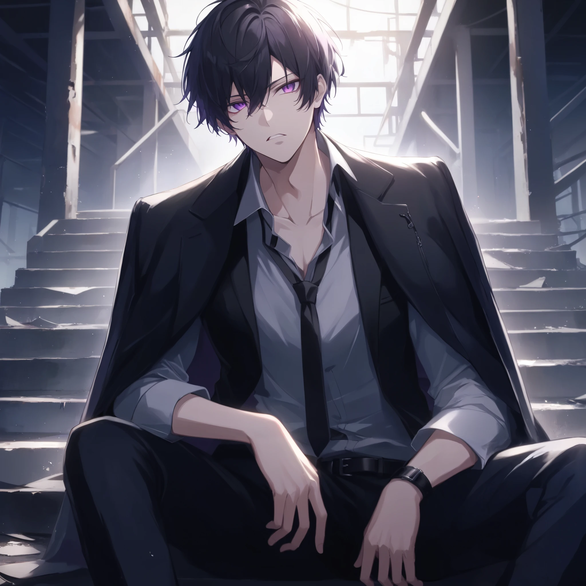 One Man, beautiful men, (( short black hair:1:1)), black suit jacket, black suit trousers、Black leather belt , purple eyes, A powerful gaze, Disingenuous Representation, ((raise her chin)), The mouth rises slightly, condescending expression, Abandoned Factory, is sitting on the stairs, Dynamic Lighting, best quality, One painting,