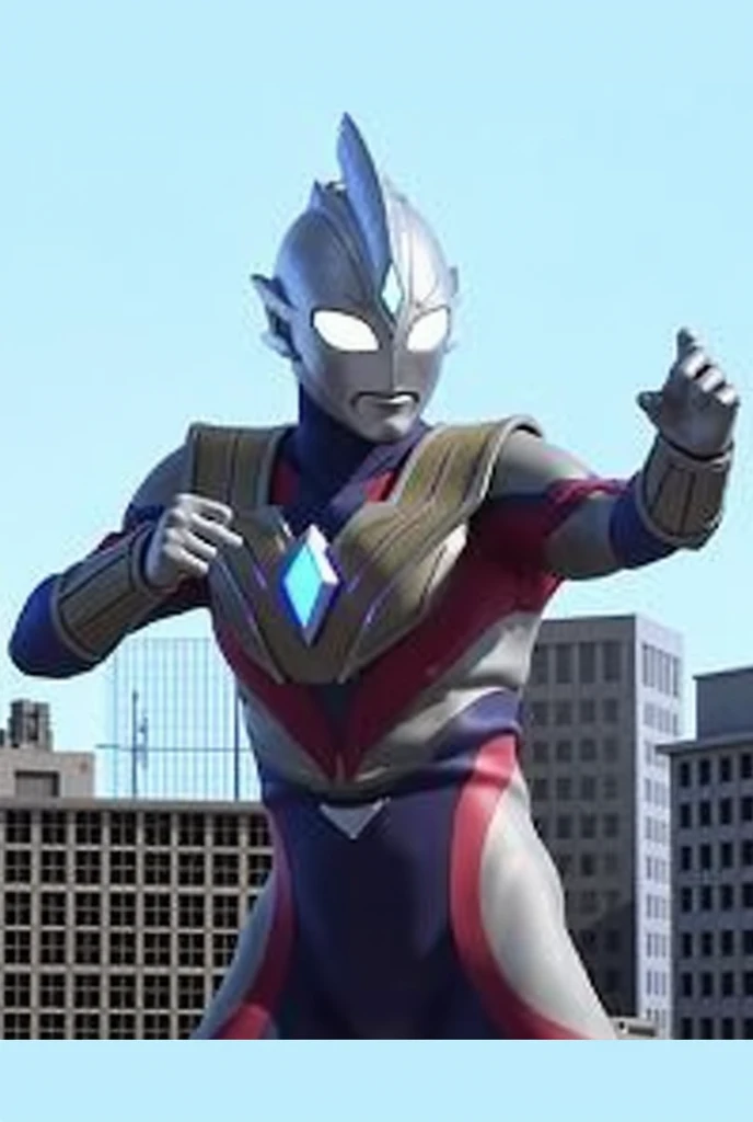 wideshot, masterpiece, best quality, 1boy, alien, glowing eyes, male focus, tokusatsu, glowing, solo, yellow eyes, upper body, white eyes, bodysuit, no humans,building, <lora:dijia:1>, standing over the city