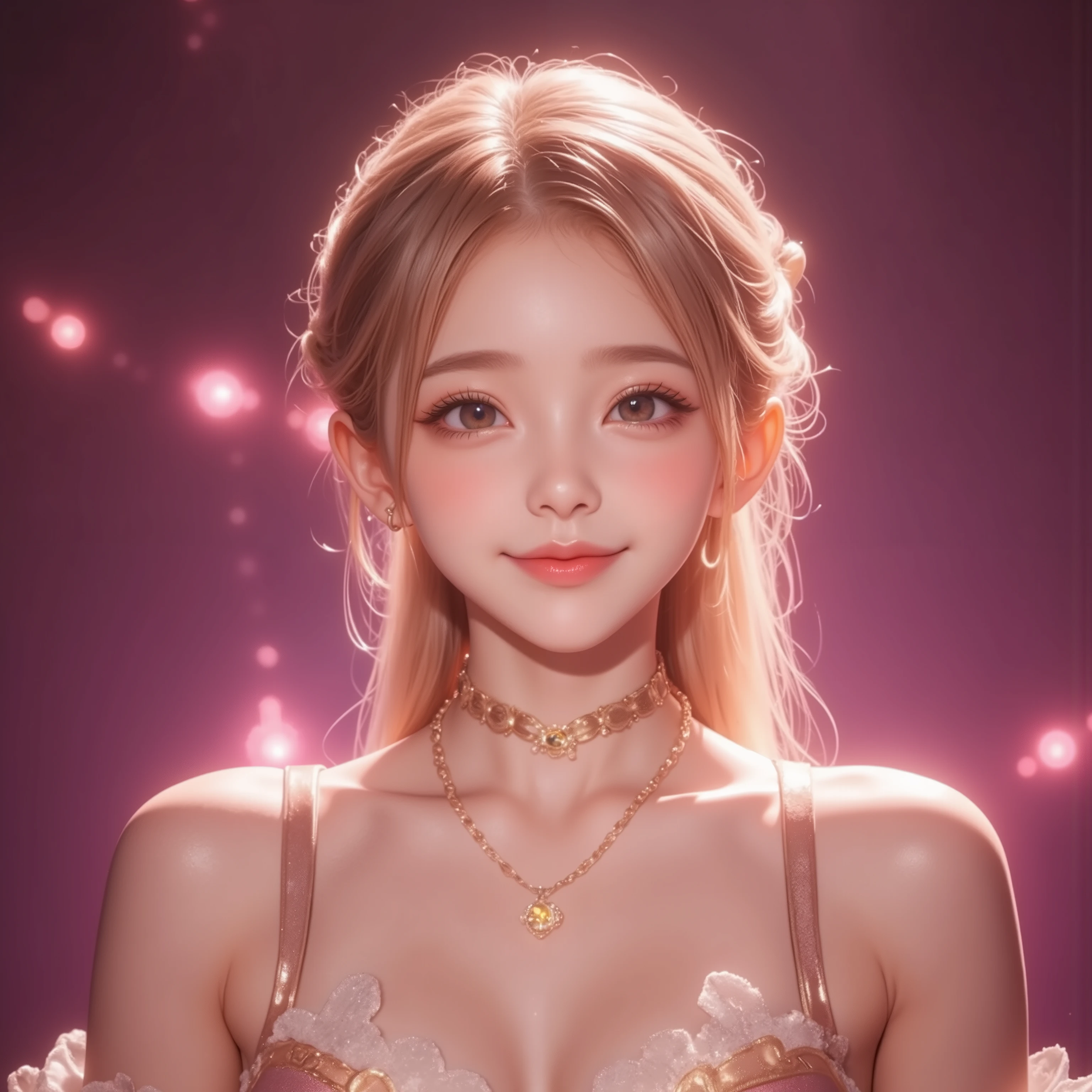 ((Bust，bust))（(One hand holds the cheek)）((Place your right hand on your cheek))(( masterpiece, Top Quality, high resolution, highly detailed CG unified  8,000 wallpaper, 未经处理的photo))，front,( 8,000 Ultra HD、DSLR、Soft Light、high quality、Volumetric Lighting、frank、photo、high resolution、4K、 8,000、Bokeh)，(detailed eye and facial details， warm color , Very Saturated，to show a charming smile, perfect face, pretty face,  dark eyes ，  Clear Skin Visible ,  white zepi ，cosmetic,  necklace, Jewelry)，(Create stunning images of real girls, Warm light,  dynamic pose,  Elegant posture , cowboy lens,  从front看起来很自信 ，facing camera， golden ratio graphic， Minimalist, ), （Learning background）, Russian schoolgirls，light blond hair、Gradient Hairstyle，（sexy， Perfect breast shape 、 very detailed breasts ， 34E Cup ），（High waist， waist hollow ，Levan ）（pink purple background）（The background has a light effect，Halo，Rich background）