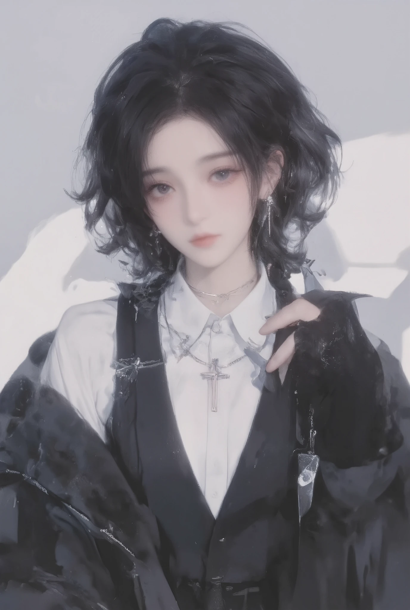 K-comic atmosphere boys，curls，Layered hair bundle , and a white dress shirt，with a black vest underneath. Accessories include a chain necklace and pendant earrings wearing a black fur coat. The main body wears black gloves, Place one hand on your shoulder. background minimal, create a delicate and mysterious atmosphere. Soft lighting , Casting soft shadows. tone is monochromatic，The gray and black tones, creates a moody and elegant atmosphere。High Quality Doujin Works.optimization