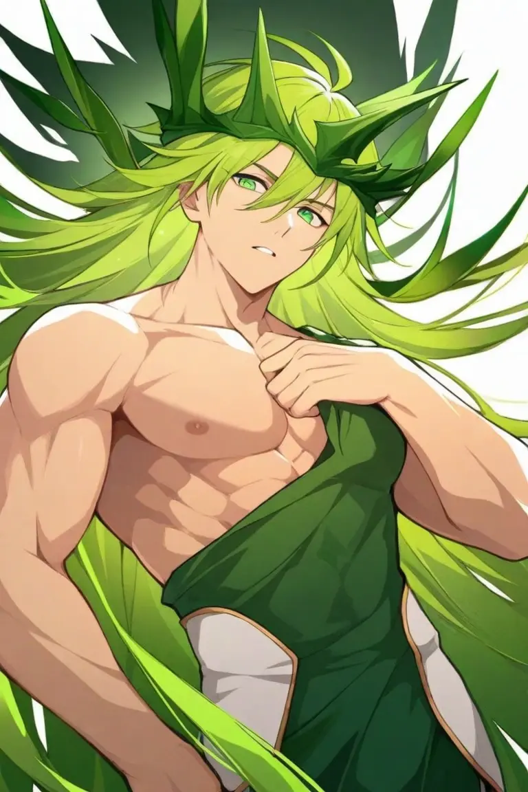 Hay un dibujo de un hombre con un cabello verde y un sombrero verde, La deidad no binaria de la primavera, Eldritch musculoso colorido, Pose de beefcake, Lucio como mujer, piel de color rosado!!, Technoviking masculino sin camisa, delicate androgynous prince, Medusas macho, un elfo macho, piel de color rosado, Retrato de medio cuerpo, Lowres