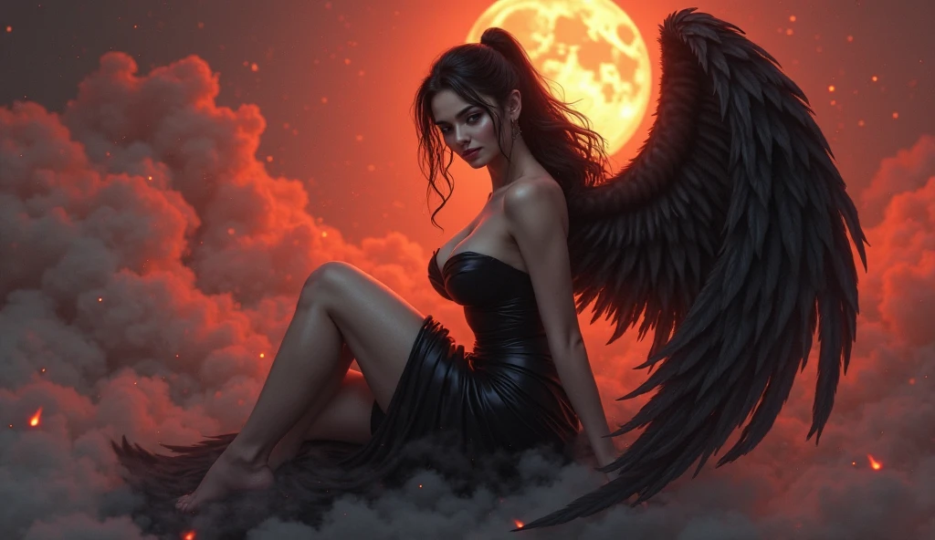 A hyperrealistic image at a high angle of: ((Una sexy mujer arcangel caido con alas negras y grandes, viste ropa sexy y gotica, desgarrada y con gran escote y adornos de metal negro)), (Cabello color rojo despeinado, sucio), con maquillaje gotico, rimel negro corrido, tirada en el piso con dolor, cuerpo esbelto y con cicatrices, pelo color rojo despeinado con una corona de metal negro y espinas. she has fallen a garbage can, paisaje desolador. She is lying on the floor full of hate and pain, raytraced, viento, paisaje desolador y con basura, (aesthetics and atmosphere:1.2), odio, enojada, vengativa, ojos brillantes rojos como llamas，plano amplio, cuerpo completo. (foto cruda, mejor calidad), (realista, photo-realista:1.3), Obra maestra, un extremadamente perfecto y hermoso cuerpo con tatuajes malditos, cuerpo palido extremadamente detallado, Best quality score, ultra dynamic pose, close up, high view, bloody moon and dark atmosphere, pose de odio, fist clenched in anger
