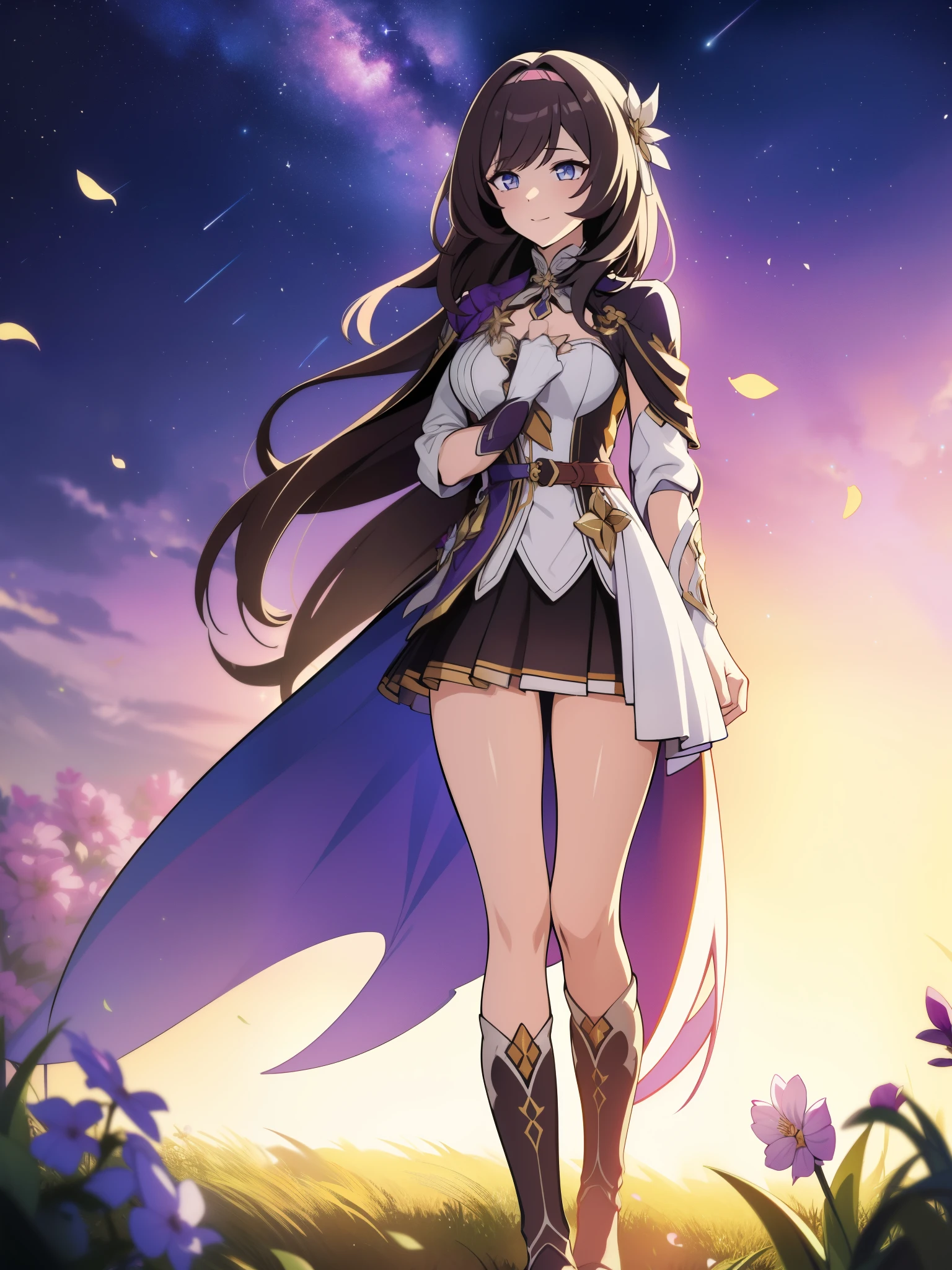 (high-quality, breathtaking),(expressive eyes, perfect face) portrait, 1girl, female, solo, young , black hair, pink eye color, medium hair length, soft wavy hair, gentle smile, loose hair, side bangs, looking at viewer, portrait, medium full shot, happy expression, ribbon in hair, flower in hair, fantasy clothing, elegant, mature, height 4"3, adventurer attire, warlock attire, warlock profession, short height, Dungeons & Dragons character, jacket, dress, cape, winged cape, Firefly Honkai Star Rail Character, starry sky, dawn in the distance, shooting stars, backgroound, flower field, scenary, cloudy sky, grass, trees, flower petals, leafs, blue flower, purple flower, white flower, field, standing in field of flowers
