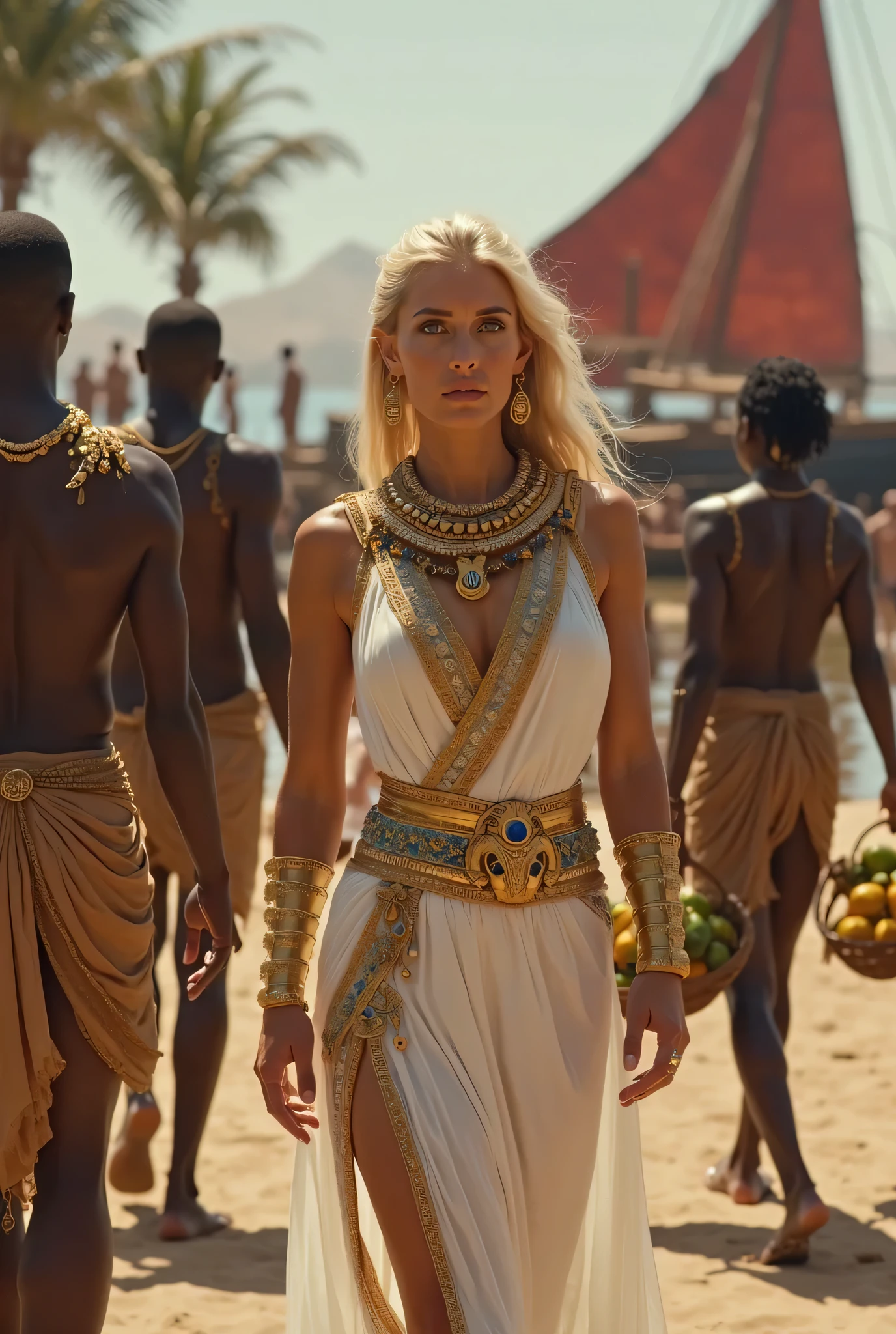 Magnificent detail, 8K Photos, hyper- realism, realistic background, visual depth, wide angle lens, professional light, all-body. {The scene shows a natural blonde princess of 25 years old, delicious, walking through a poor city in Haiti, observing all the misery of the place and some black men working shirtless on a construction site.} {The Princess is dressed in traditional clothes of a princess from the medieval era and a small traditional princess crown made of silver and with precious stones.. Their expressions are remorseful, but she seems to start to liven up when she looks at one of the black men} {the black men are visibly poor, Poorly dressed, thin, but with muscular bodies. They pause their manual labor and express sexual attraction to the princess}. The princess's clothes allow you to perceive the curves in her delicate body.