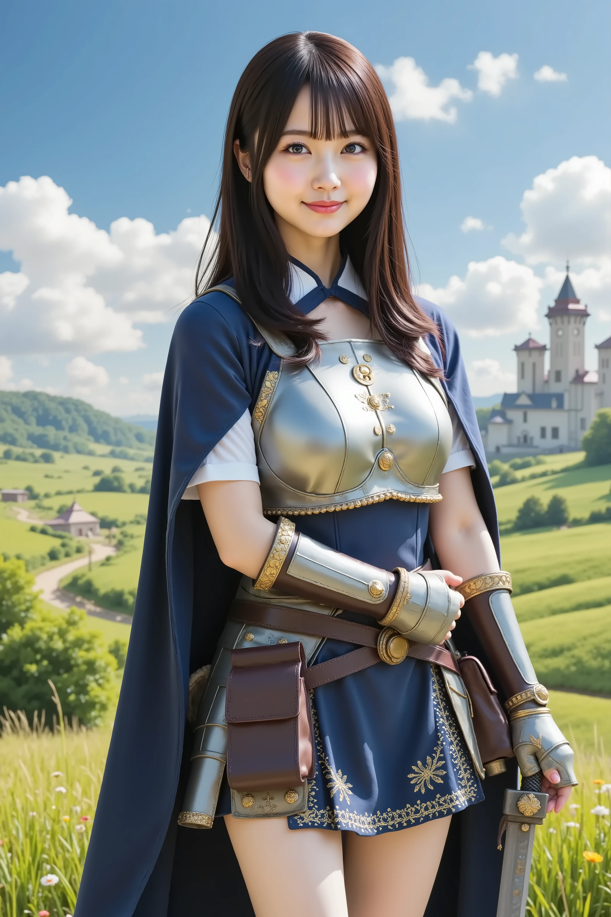 A highly detailed, ultra-realistic digital illustration of a beautiful young Asian female swordsman standing proudly in an expansive, lush green field inspired by classic fantasy RPGs. She is captured in a medium close-up shot, ensuring her entire head is visible with appropriate headroom while focusing on her from the thighs up. Her long, flowing black hair cascades down her back in soft waves, with delicate bangs framing her determined yet gentle face. Her deep, expressive eyes convey both courage and a sense of adventure, while her lips curl into a confident yet warm smile.
She wears an elegant yet battle-ready swordsman’s outfit, consisting of a fitted blue and silver tunic with gold embroidery, layered over a sturdy yet flexible set of leather and metal armor plates. A dark blue cape flows behind her, slightly lifted by the breeze, adding to her heroic presence. Her hands are clad in fingerless leather gloves, designed for both dexterity and protection. A wide belt with pouches and a sheath for her sword rests securely around her waist, completing her battle-ready ensemble.
She firmly grips a beautifully crafted longsword, its gleaming silver blade reflecting the sunlight. The hilt is intricately designed with golden accents, and the grip is wrapped in fine leather, ensuring a perfect hold. The blade rests slightly tilted to her side, as if she is prepared for battle but at ease in the moment.
The background showcases a vibrant, open field reminiscent of classic RPG settings, such as Dragon Quest, with rolling green hills stretching far into the horizon. The sky is a brilliant blue, dotted with fluffy white clouds. In the distance, a few scattered medieval-style buildings and a towering castle can be seen, hinting at a nearby town or kingdom. A dirt path winds through the field, leading toward adventure. Colorful slimes and small fantasy creatures can be spotted frolicking in the distance, adding a whimsical, game-like charm to the scene.
The composition is