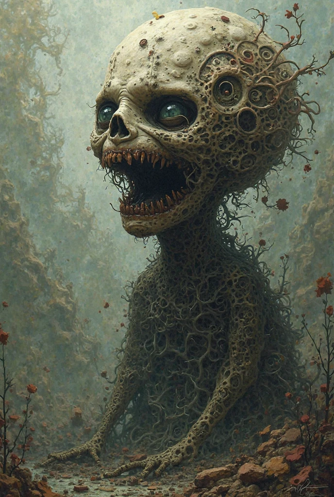 (wide_shot:1.3),(full_shot:1.8),(a masterpiece of impressionism:1.3),(in style of Ashley Wood:0.9),(in style of Aleksi Briclot:1.1),character concept design,in this surreal horror image,(facial parasitism:1.2),(facial destruction:1.1),(a young girl appears to be parasitized by a strange plant and mold virus:1.3),(her facial features have been distorted and abstracted:1.4),
(atmosphere of horror:1.7),(black:1.3),(dark:1.2),(purple:1.1),(dark purple:1.1),(asymmetrical composition:1.5),(supernatural horror powers:1.4),(intravenous plants:1.5),(thick rhizomes entwined:1.4),(covering_eyes:1.1),(metals and biological viruses invade plants:1.5),(dark and dirty faces:1.8),(enlarged mutation of the right eye:1.9),(does not fit into a human face:1.3),(unstructured eyes:1.3),(the body is full of rhizomes:1.5),(full of flowers:1.4),