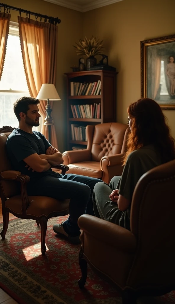 170 cm tall, 24-year-old woman with very pale skin, vibrant maroon wavy medium-length layered hair, parted to the side, fit figure, long turquoise top, black pants and grey flats with a tentative expression sits next to a very tall 209 cm tall, 29-year-old muscular attractive man with black short layered swept back wavy crew cut hair, short black facial hair, Mediterranean-Native American features, black t-shirt and black cargo pants kind smile expression, sitting on the other side of three seat couch right underneath a window inside a huge empty dark wood library. Photorealistic, cinematic.