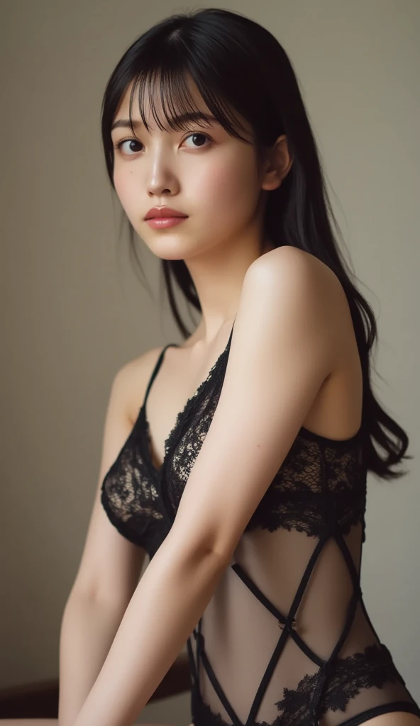 (8k, RAW Photo, Best Quality, Masterpiece:1.3), (Real Photo:1.37), (Black Hair), Pose,1girl, Very Beautiful russian Face, Cute, (Small), (Put Your Hands Down))), Poggy Hairstyle, Random Expression, (Black Lace lingerie dress), Black Hair, (Age 19), Modest, Five Fingers, Normal Hands, Small Mouth, Straight Hair