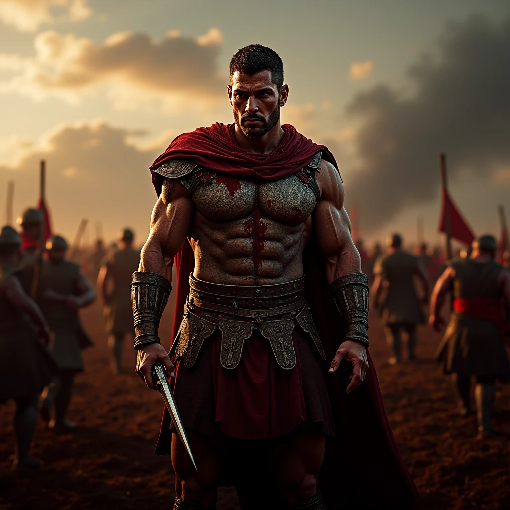 A stoic ancient Roman warrior, with blood trickling down his sculpted face, standing tall amidst the ruins of a once-glorious battlefield. His eyes, filled with a mix of determination and weariness, are fixed on the horizon as if contemplating the fate of his empire. The crimson of his blood starkly contrasts with the golden hue of the setting sun, casting a dramatic light across his muscular physique, which is adorned with intricate, dented armor that speaks of countless battles. The man's left hand clutches a broken sword, symbolizing the brutality of the recent combat, while his right hand is raised in a fist, signifying resilience and unyielding spirit. The background is a tableau of chaos and destruction, with fallen comrades and enemies alike scattered among the debris of shattered shields, swords, and the crumbling stones of ancient Roman architecture. The red-stained sand underfoot completes the picture of the battle's grim aftermath, as the last vestiges of daylight struggle to pierce through the thick dust and smoke that lingers in the air. His crimson-soaked tunic, adorned with a torn centurion's crest, flutters in the breeze, revealing the deep gashes on his chest and the unyielding resolve beneath. This solitary figure stands as a poignant reminder of the price paid for valor and the eternal cycle of war that shaped the very fabric of Roman history.
