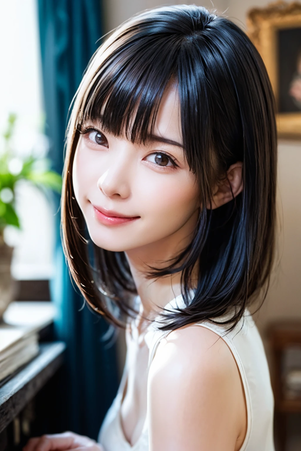 (highest quality:1.5)、(Realistic:1.5)、(1 person:1.5)、Very detailed、High resolution、8k wallpaper、、(Leaning forward)、forward leaning posture、Leaning forward、Small breasts、Natural color lips、Cute smile、Japanese women、20 year old girl、Thin eyebrows、Beautiful and elegant face、cute顔、cute目、Big eyes、Fair skin、Beautiful and elegant face、Natural Bangs、Beautiful and thin nose、Beautiful Skin、Medium Bob Hair、Natural Bangs、Perfect and beautiful face、Slim face and figure、（Looking at the camera with a cute expression）、(Bright lighting)、Professional Lighting、 (Lighting from the front)、Natural smile、Beautiful clavicle、cute胸の谷間、Natural smile、cute、Brightly lit living room、camisole、dress、one piece、
