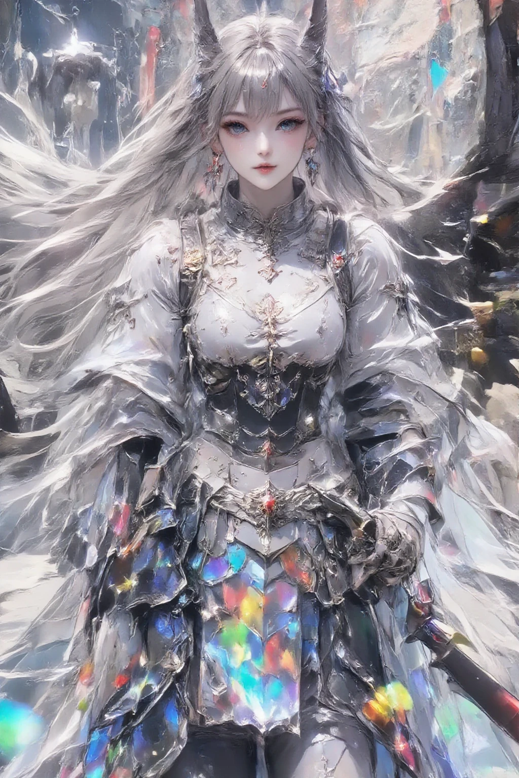 guofeng3.2,full body, walking pose, slow motion, female wearing full body multiple layer (heavy robe:1.2), (silver and silver long skirt with intricate pattern:1.2), gloves, (insanely detailed, bloom:1.5), (highest quality, Alessandro Casagrande, Greg Rutkowski, Sally Mann, concept art, 4k), (analog:1.2), (high sharpness), (detailed pupils:1.1), (painting:1.1), (digital painting:1.1), detailed face and eyes, Masterpiece, best quality, (highly detailed photo:1.1), 8k, photorealistic, (silver hair color, dynamic hairstyle), (pureerosface_v1:0.1), By jeremy mann, by sandra chevrier, by maciej kuciara, sharp, (ripped body:1.1), realistic, real shadow, (ice snow background:1.2), (by Michelangelo), <lora:mermerovdiffusion_Lora300:0.1>,style of ohwx <lora:(style of ohwx) masterpiece, best quality, (extremely detailed CG unity 8k wallpaper, masterpiece, best quality, ultra-detailed, best shadow), (detailed background), (beautiful detailed face, beautiful detailed eyes), High contrast, (best illumination, an extremely delicate and beautiful), (girl:1.5), ((Not relevant.)), ((caustic)), dynamic angle, beautiful detailed glow, (portrait:0.2),dynamic angle, beautiful detailed glow, (portrait:0.2)