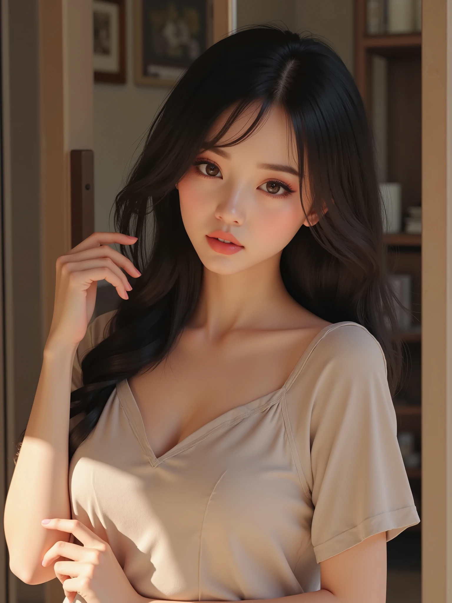 I want to create the most beautiful woman in the East. She has the kind of beauty and body that most men would want to own.. She has dark brown hair and a cute face. She's cute and sexy at the same time.