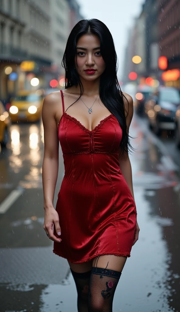 ultra realistic, photography, long black straight hair, elegant hair, (30 years old, hazel eyes, hourglass figure, perfect fit body, natural big breasts), femme fatale, Long eye lashes, seductive eyes, Award Winning Glamour Photograph extremely detailed award winning glamour photograph, front lit, HDR, ((Realistic lighting, Best quality, 8K, Masterpiece: 1.3)), Clear focus: 1.2, 1girl, Perfect body beauty: 1.4, Slim abs: 1.1, (red dress: 1.4), (Outdoor, night: 1.1), City Street, Super Fine Face, Fine Eyes, Double Eyelids, (Over the knee black stockings: 1.5), huge breasts, tide dress, standing, rain weather, wet skin, wet clothes, wet hair, messy hair, she is soaking wet, she is fixing her hair with her hands, she lays her head back and closes her eyes, full body picture, wide angle, extreme wide angle