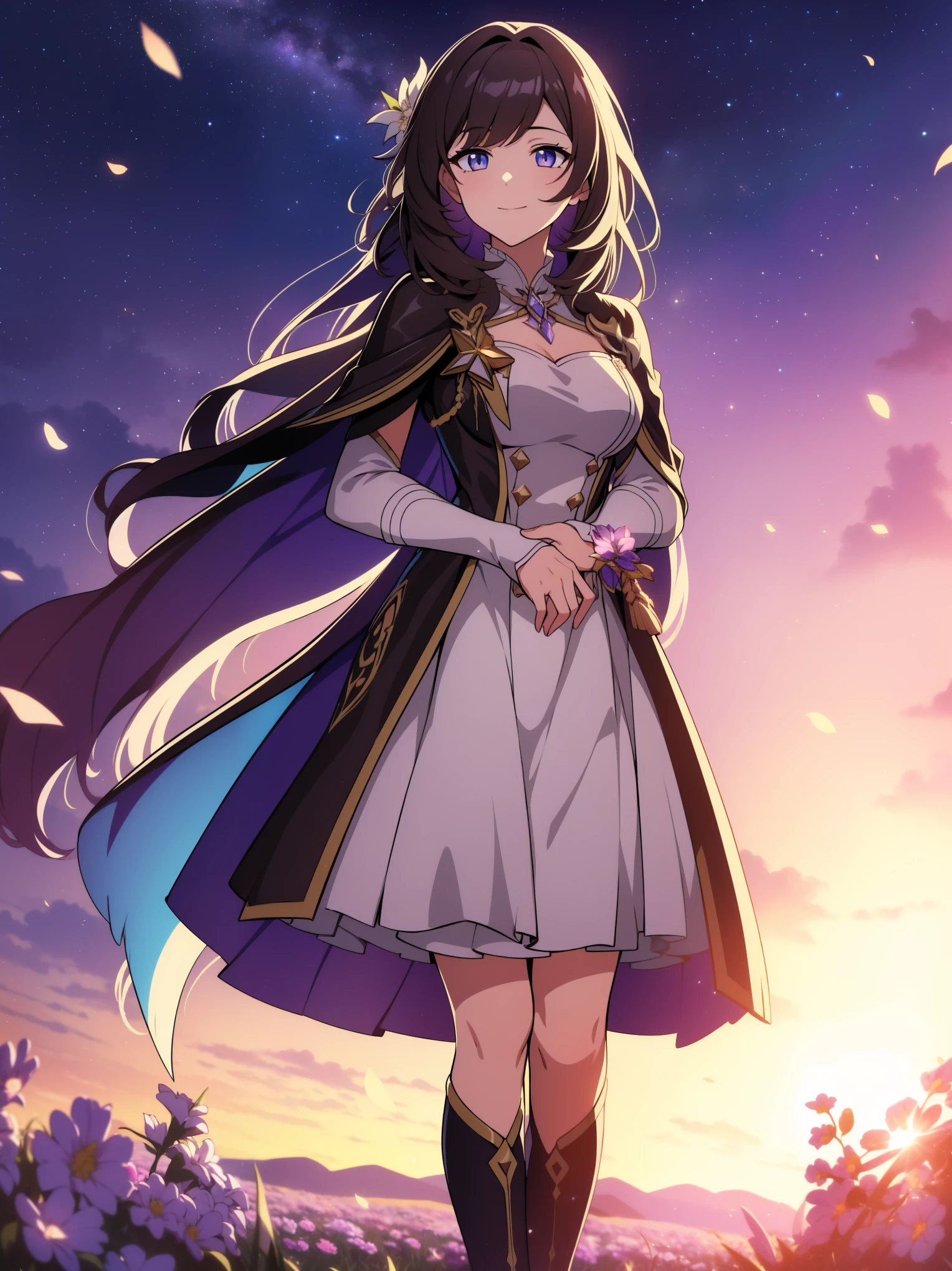 (high-quality, breathtaking),(expressive eyes, perfect face) portrait, 1girl, female, solo, young , black hair, pink eye color, medium hair length, soft wavy hair, gentle smile, loose hair, side bangs, looking at viewer, portrait, medium full shot, happy expression, ribbon in hair, flower in hair, fantasy clothing, elegant, mature, height 4"3, adventurer attire, warlock attire, warlock profession, short height, Dungeons & Dragons character, jacket, dress, cape, winged cape, Firefly Honkai Star Rail Character, starry sky, dawn in the distance, shooting stars, backgroound, flower field, scenary, cloudy sky, grass, trees, flower petals, leafs, blue flower, purple flower, white flower, field, standing in field of flowers