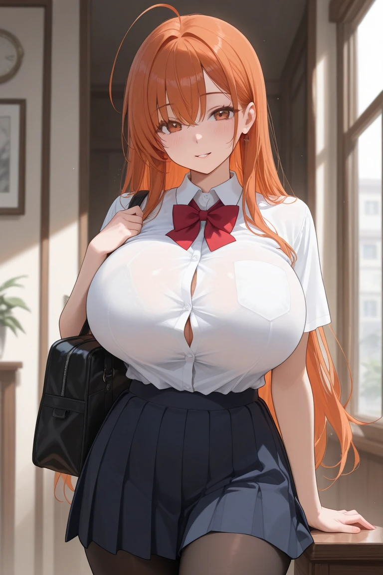 Erotic,Persona 4 Mitsuru、Orange long wavy hair、Curly Hair、 Big Breasts、Lady、White dress shirt、Pencil Skirt、Black Background、Dimly lit bedroom , Evil、 Erotic Sneer、Lightly open your mouth、Upper Body