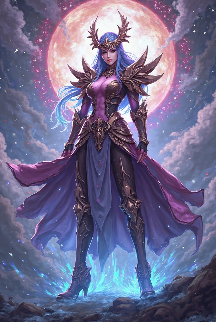 anime girl inspired by a supernova , and with violet-eyed powers and appears to be about 26 years old with black hair and brown skin
As if it were a LoL character
