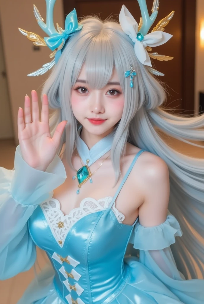 Close-up of women in costumes on stage, full-body fairy, beautiful celestial mage, amazing young ethereal characters, beautiful fantasy queen, astral witch costume, Shaxi, flowing magic robe, white Hanfu, fairy fantasy, beauty Delfin, ethereal fantasy, elegant and charming cosplay, Hirase Jinyao, half-lying on the ground, charming, very coquettish, behind a Ferrari sports car
