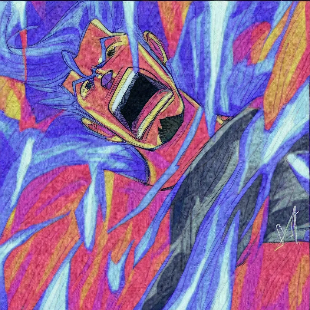manga style colorful sketch in style of Kentaro Miura art showing Franky from one piece anime striking his iconic SUPERRR pose, his metal body gleaming. blue hairs spiked upwards, He's surrounded by holographic blueprints and sparks, with a confident, almost boastful expression. A small, Tony Stark-esque goatee could be a fun visual cue.