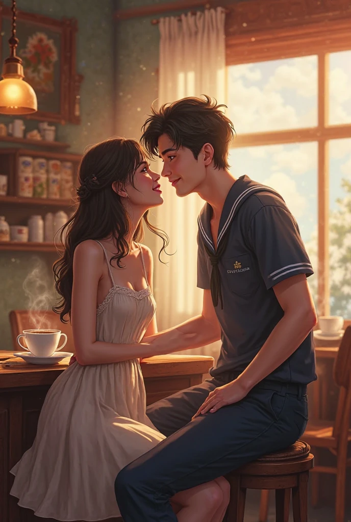 (A boy and a girl looking at each other very close, sentados uno frente al otro, en una cocina, Vista lateral),Retratos,illustration,hermosos ojos detallados,hermosos labios detallados,expresiones felices,Ropa casual,soft illuminaotion,Colores pastel,Ambiente vibrante,Pintura digital,realista,Medio:oils,fondo texturizado,Gabinete con estantes abiertos,Frutero en la mesa,coffee mug,Delantal floral,Modern kitchen appliances,Fregadero de acero inoxidable,Estufa con ollas y sartenes,encimera con utensilios e ingredientes,Ventana con luz solar entrando