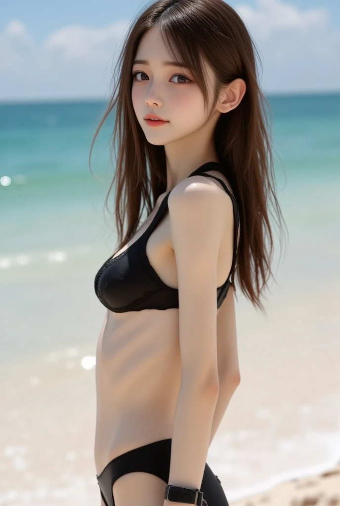 1girl, in lingerie, lace lingerie, on the beach, blurred background, detailed face, anime wide eyes, big dreamy eyes, smooth soft skin, beautiful intricate hair, hair between eyes, eyebrows visible through the hair, looking at the viewer, blue eyes, brown hair, whole body, navel, small breasts
