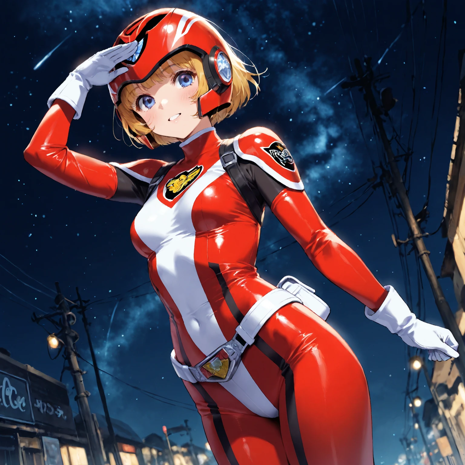 (8k),(masterpiece),(Japanese),(),((innocent look)),((Childish)),From the front,smile,cute,Innocent,Kind eyes,Flat chest, red helmet,white domino mask, white mask,Sakura Kinomoto - Cardcaptor Sakura,bald,no Hair,cyberpunk Tokyo City,Kamen rider,camisa, Ringo! style, superhero