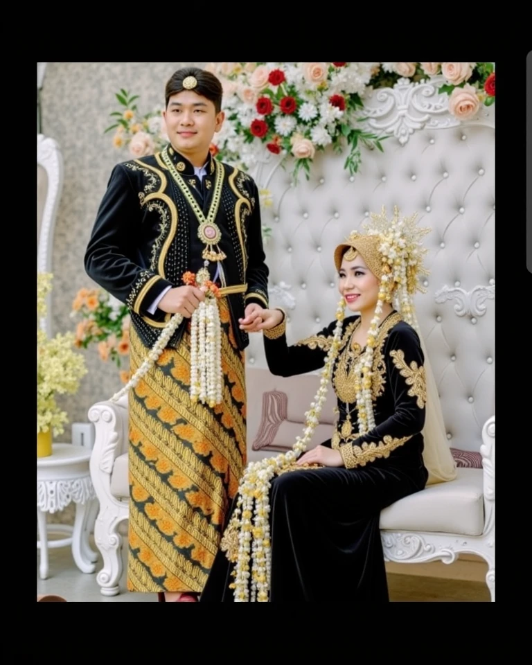 Make this photo look realistic and detailed, there is a man and woman dressed in traditional clothing posing for a picture, wedding photo, comming, wedding, happy couple, profesional photography, old picture, bride, lovely couple, full protrait, potrait, colored photo, couple, wearing traditional garb, very detailed potrait, realistic portrait photo, close up potrait, profile portrait, very detailed face, very realistic face, very perfected face, very detailed clothes, very realistic clothes, very perfected clothes