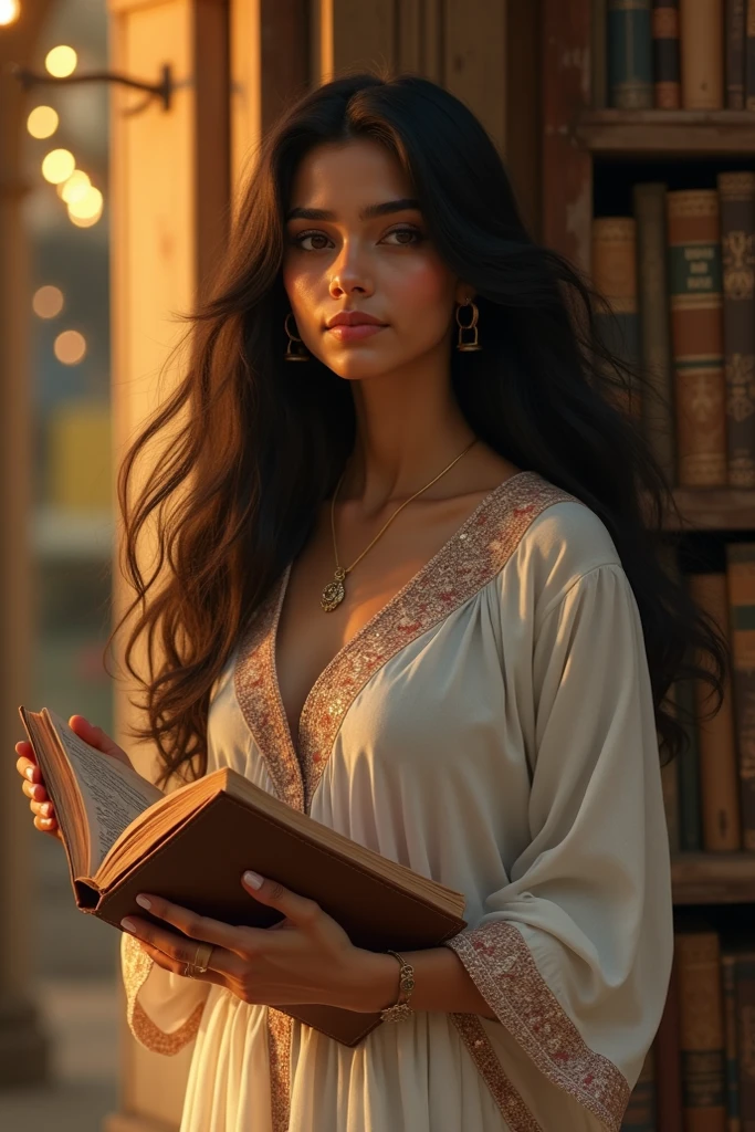 Femme belle chrétienne gitane brune cheveux long avec une bible rose