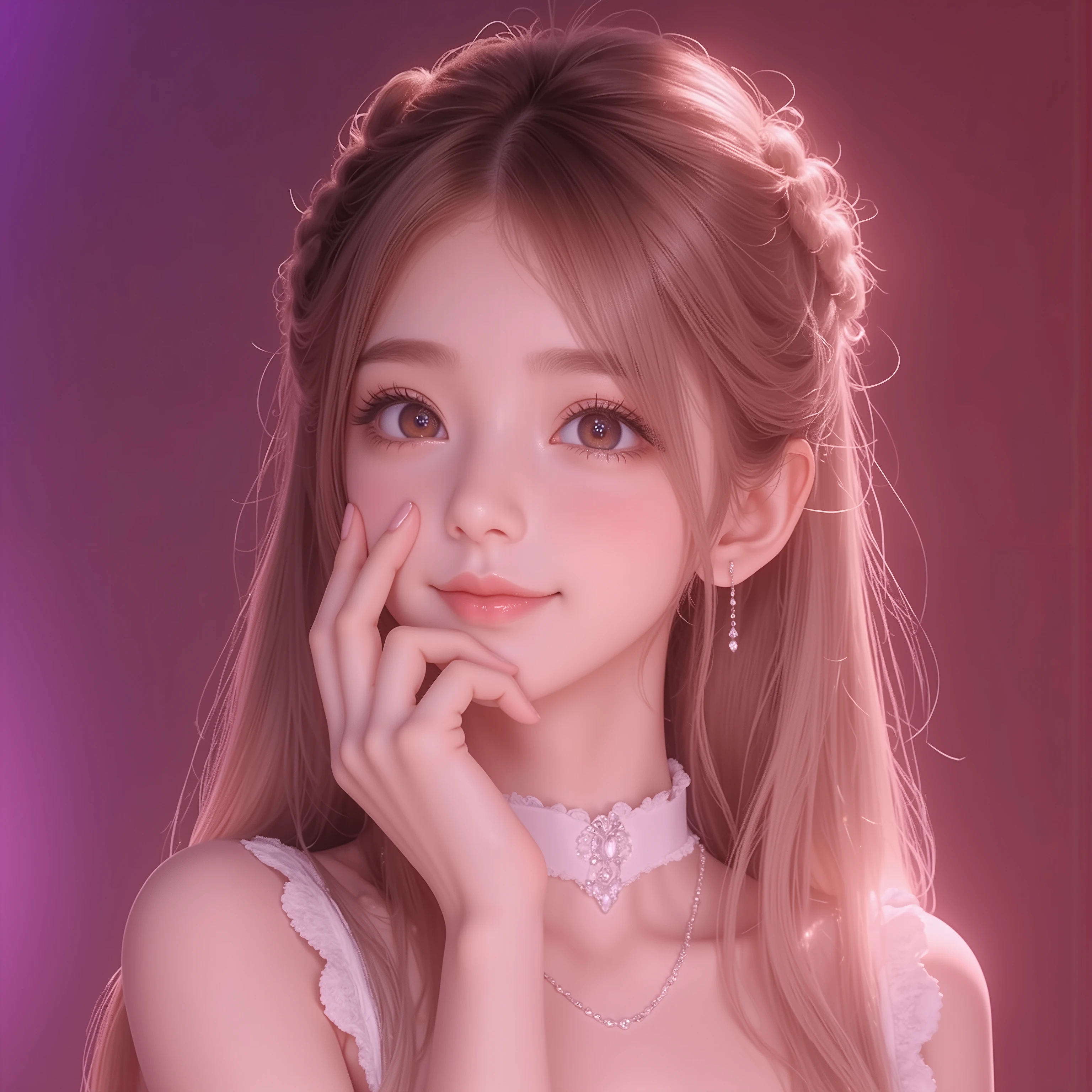 ((Bust,bust))((One hand holds the cheek))((Place your right hand on your cheek))(( masterpiece, Top Quality, high resolution, highly detailed CG unified 8,000 wallpaper, 未经处理的photo)),front,( 8,000 Ultra HD、DSLR、Soft Light、high quality、Volumetric Lighting、frank、photo、high resolution、4K、 8,000、Bokeh),(detailed eye and facial details, warm color , Very Saturated,to show a charming smile, perfect face, pretty face, dark eyes , Clear Skin Visible , white zepi ,cosmetic, necklace, Jewelry),(Create stunning images of real girls, Warm light, dynamic pose, Elegant posture , cowboy lens, 从front看起来很自信 ,facing camera, golden ratio graphic, Minimalist, ), (Learning background), Russian schoolgirls,light blond hair、Gradient Hairstyle,(sexy, Perfect breast shape 、 very detailed breasts , 34E Cup ),(High waist, waist hollow ,Levan )(pink purple background)(The background has a light effect,Halo,Rich background)