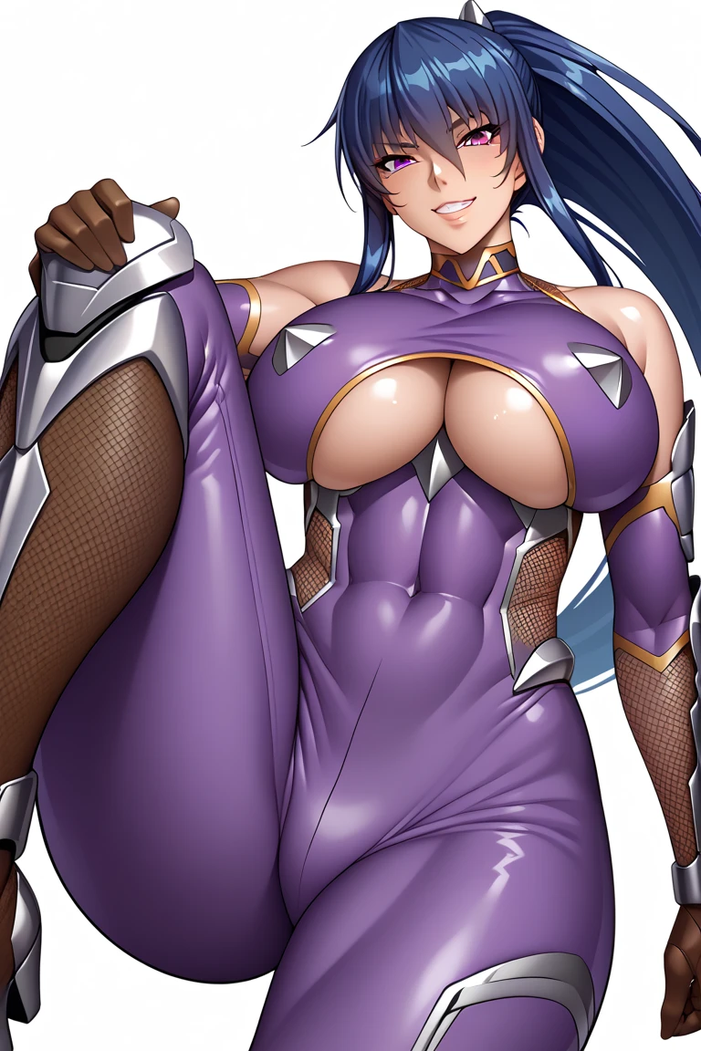 (masterpiece, ultra high resolution, Best quality:1.5), whole body, One, 1 Girl, Doll suit, mind control,, shoes, platform shoes, boots, Long legs, dynamic pose, wide hips, thick thighs, Huge breasts, massive breasts, muscular woman, pronounced musculature, Akiyama Rinko, high heel boots, Body, purple Body, shiny clothes, fishnet, big breasts, coated , split, split cutout, coated navel,long hair, bang, ponytail, blue hair, 1 Girl, whole body, masterpiece, Best quality, amazing, beautiful detailed eyes, finely detailed,blush,