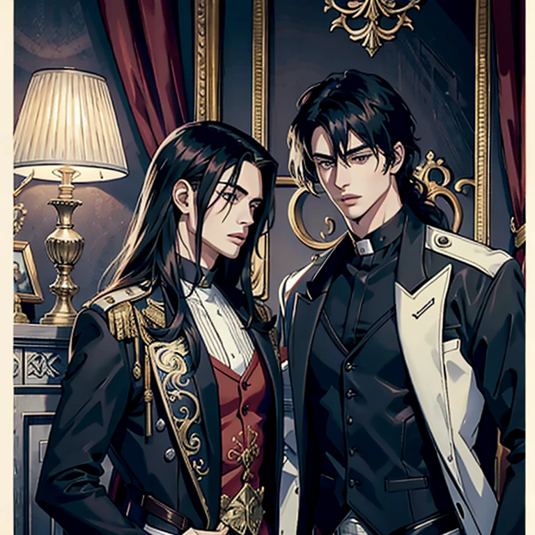 a couple of young men standing next to each other, a comic book panel by Ye Xin, cgsociety, serial art, shiny eyes, wiccan, handsome