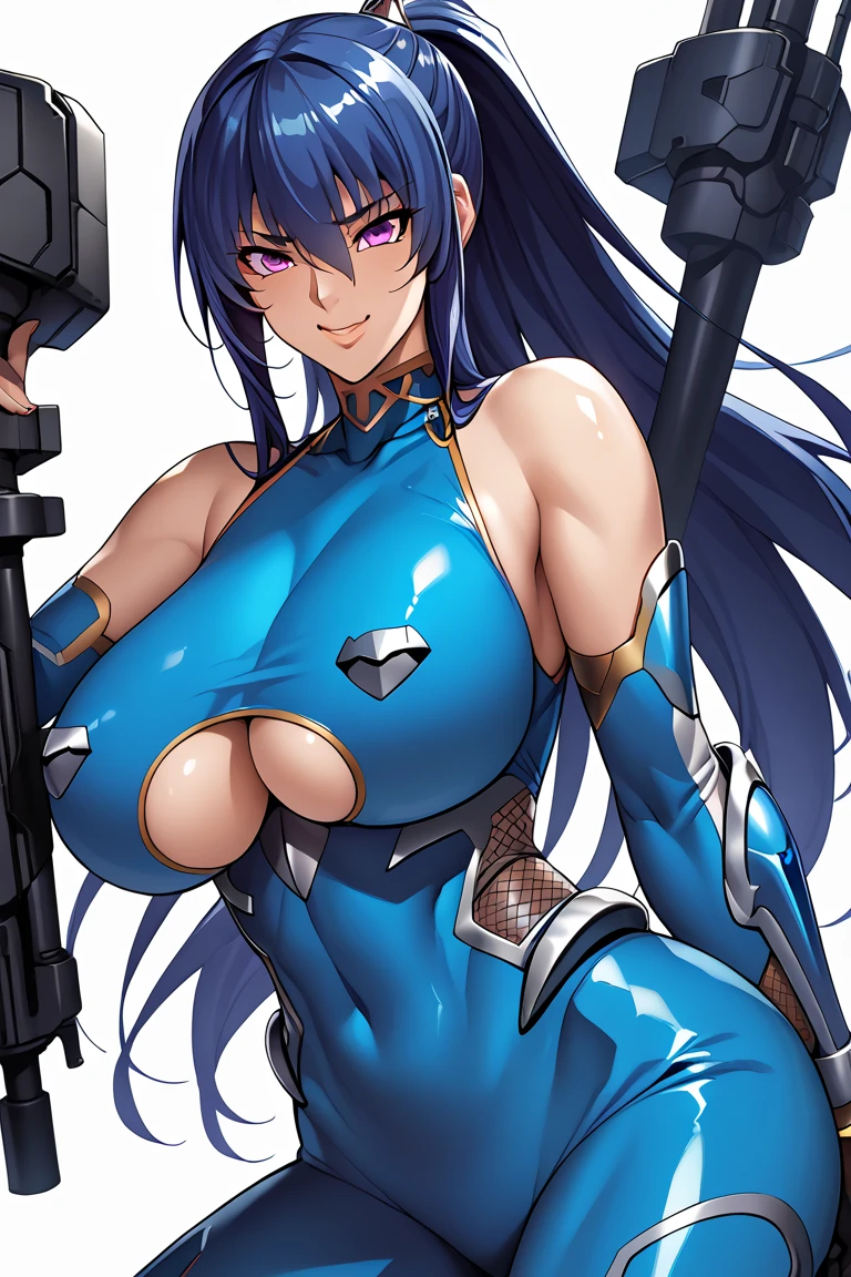 ultra-detailed, Explicit, Beautiful body, Beautiful Nose, Beautiful character design, perfect eyes, perfect face, ultra highres, 4K, beautiful legs, perfect legs, Nice hands, Perfect hand, Masterpiece, Best Quality, Highly detailed, illustration, absurdres, perfect anatomy, street fighter, doll suit, shadaloo doll, dollsuit, expressionless, blank eyes, looking at viewer, red gloves, emotionless, black latex, corrution, mind control, female combatant, full body, hypnotized, unhappy trance, full body suit, ribbed bodysuit, both arms at side, obey, perfect female body, extremely glossy latex, hypnosis, hypnoLora, empty eyes, Mind control device, poses, submissive_pose, Slave, standing straight, standing, standing at attention, hat, necktie, belt, latex, ribbed bodysuit, thighhighs, garter belt, Fighting Stance, extending the right arm from the shoulder into the air with a straightened hand, military, thigh boots, (((pixel-perfect, detail-perfect))), solo, 1girl, hair ornaments,  long hair, blue hair, ponytail, hair ribbon,  brown eyes, Tsuruga Ami, Megami no Cafe Terrace, huge breast, 