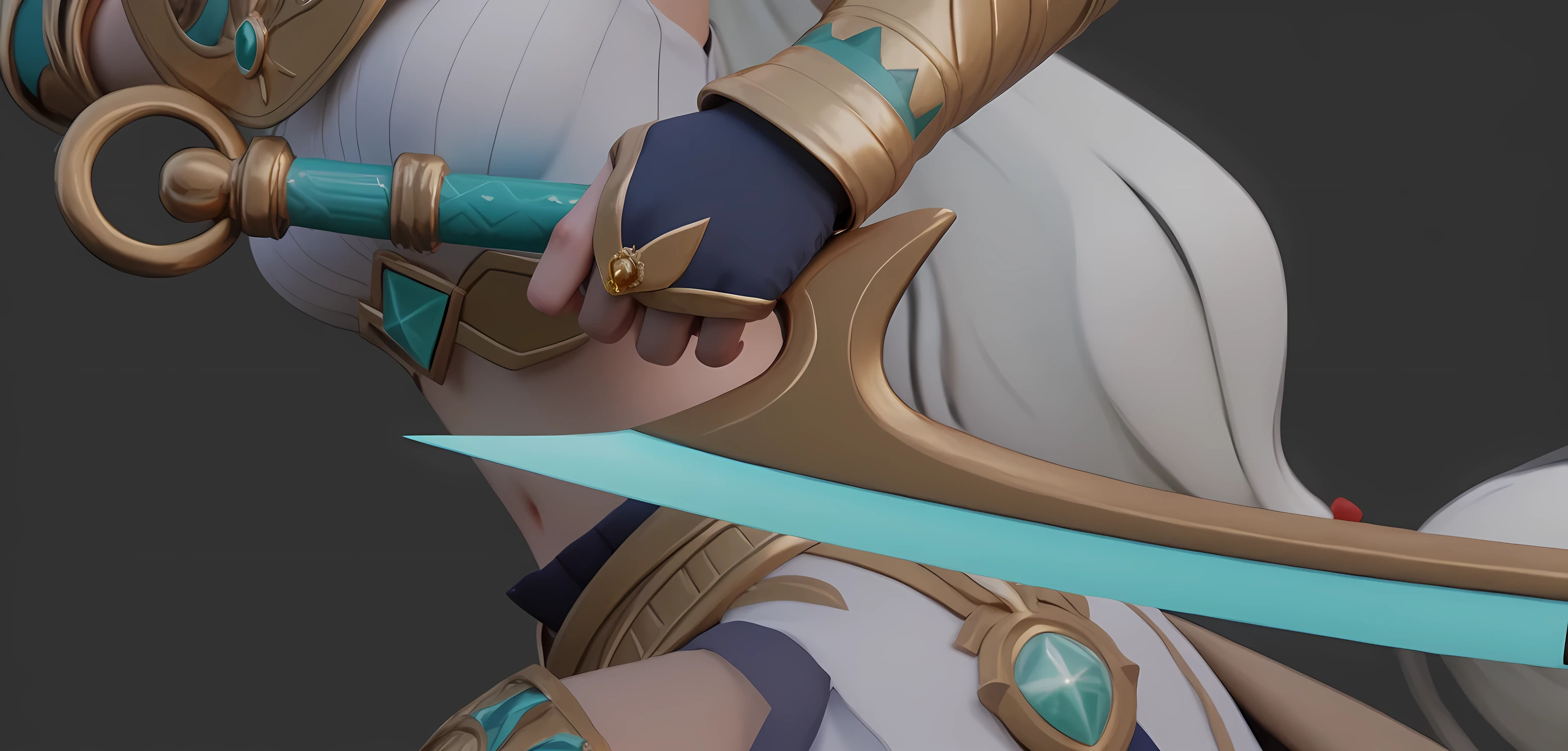 手握刀柄,弯道,绿色刀刃,金属质感刀柄,3D game character hand and weapon detail. Gloved hand with gold armor plates on fingers and wrist. Character gripping a fantasy weapon with curved turquoise blade. Elaborate bronze and gold handle with circular pommel and decorative ridges. Gold ring-shaped guard with turquoise cylinder connecting to blade. Weapon hilt features geometric patterns and green triangular gem inlay. Turquoise energy emanating from blade edge. White pleated fabric visible in background