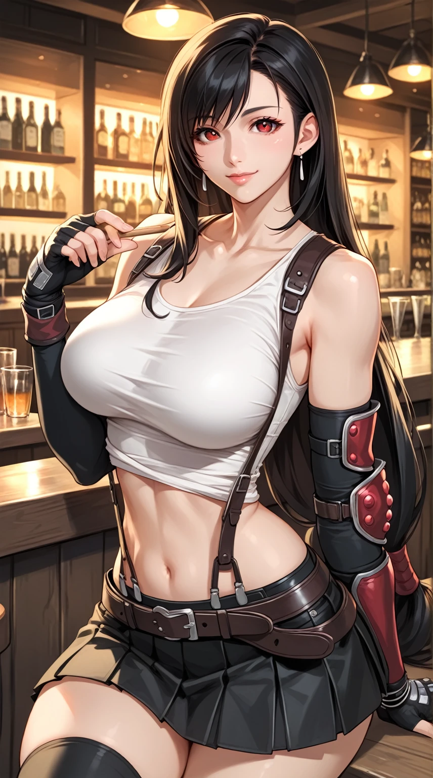 best quality, ultra-detailed, high resolution, extremely detailed CG, unity 8k wallpaper, super detailed skin, detailed, dynamic lighting, beautiful detailed eyes, defTifa, white crop top, elbow pad, fingerless gloves, suspenders, very short pleated miniskirt, red boots, bar counter, showing panties, dynamic angle, dynamic pose,