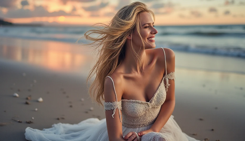 Criar imagem de mulher alegre e sorridente, realista passeando na beira da praia.