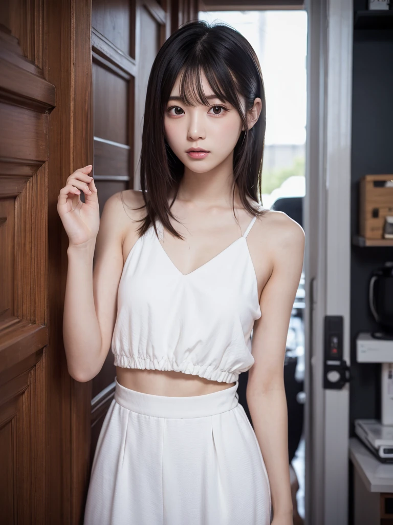((top-quality))、 ((masuter piece))、超A high resolution、Raw photo、intricate-detail、proffesional、foco nítido、Photorealsitic、Real life、surrealistic、photorealisim、Silhouette Light、finely detail、Highly detailed CG Unity 8K wallpapers、erfect artwork、Depth of field is deep、No perspective、细致背景、shinny hair、radiant eyes、shinny skin、realisitic、Looking at the camera、Very delicate and cute、Cute detailed girl、pure、cute large eyes、Facial Lights、Cinematic lighting、Transparent material、realistic representation of face、(intricate detailes)、no-makeup、(delicated face、Delicate eyes and face)Detailed skin、Best ratio of four fingers and one thumb、(flat-chest: 1.4)、short torso、Transcendental thin legs、Transcendent small butt、((独奏))、light、Very young face、Innocence、Facial Highlights、Professional Writing、女の子1人、White lightweight tank top with thin fabric、White Sheer Light Shorts、Back lighting、((Stand facing the front))、Hands on the hips in the style of models、florals、((non-blur))、Skinny style、((Knee shot))、((12year old))、(Beautiful pitch black shiny one-tail medium hair:1.4)、(Super beautiful girl with cute loli face:1.6)、Short stature、Beautiful shiny black hair、((Super petite and super slender girl))、((A true transcendent beautiful girl with ultra-young Japan))、Plump round face、Small face and small nose、Healthy face、Soft lips、pale cherry colored lips、(rather thin eyebrows: 1.4)、shiny large black eyes、big eye、(The corners of the mouth rise:1.4)、Clothes are see-through、Protrusions、erect through、(Shy smile:1.8)、less clothing、no sleeves、Eyes for hollow details、Floating hair、large eyes that are symmetrical、hair clips、No face makeup、