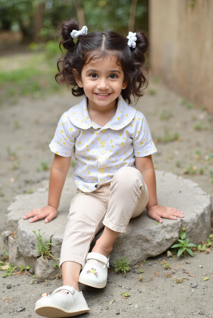 A toddler girl she's got a lilac bow tied in her hair and she's wearing a light blue blouse and a plaid skirt she's sitting in a chair